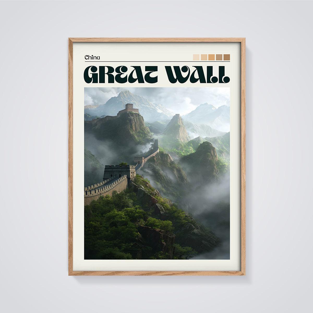 Great Wall of China Print framed in oak on a grey background