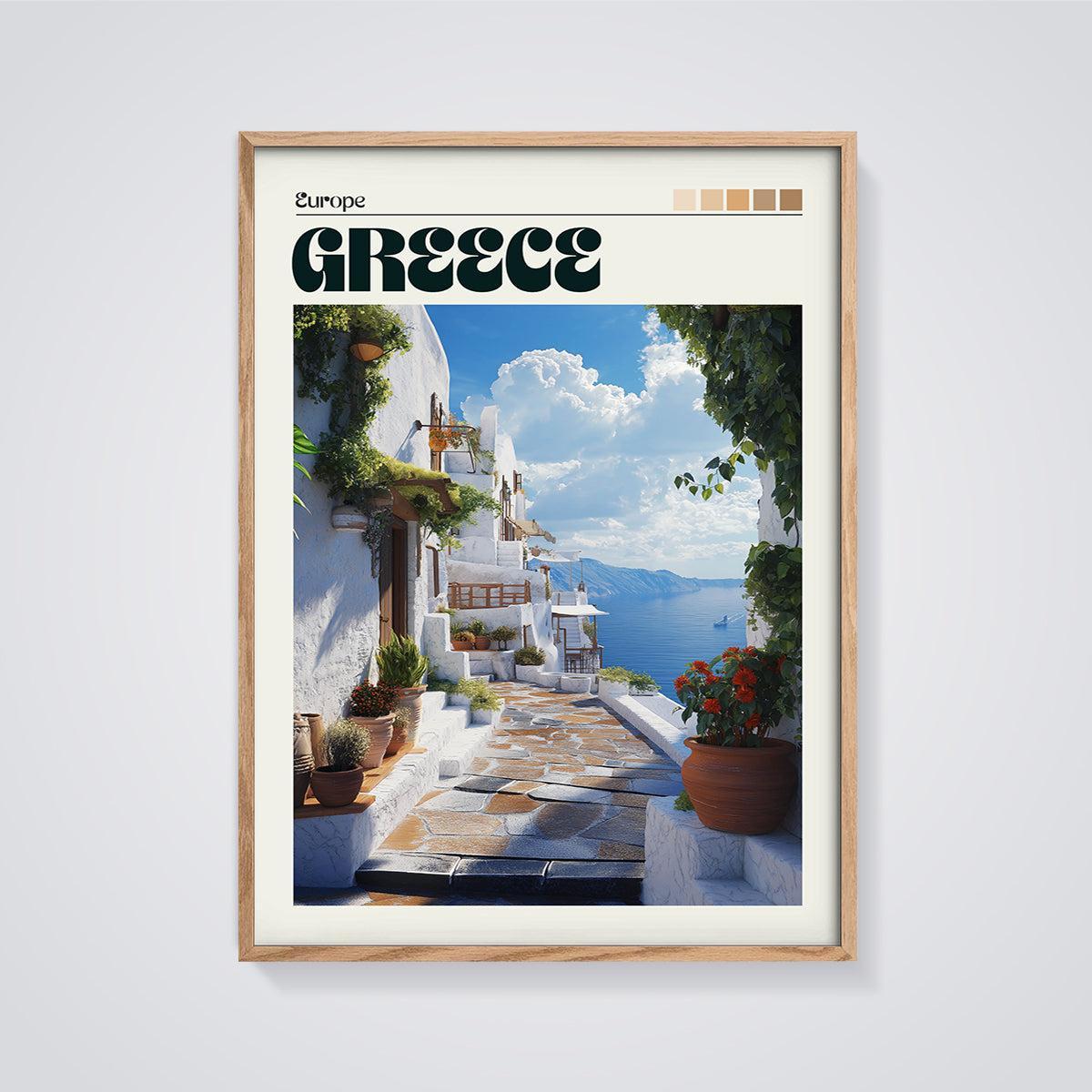 Greece Coastal Path Print framed in oak on a grey background