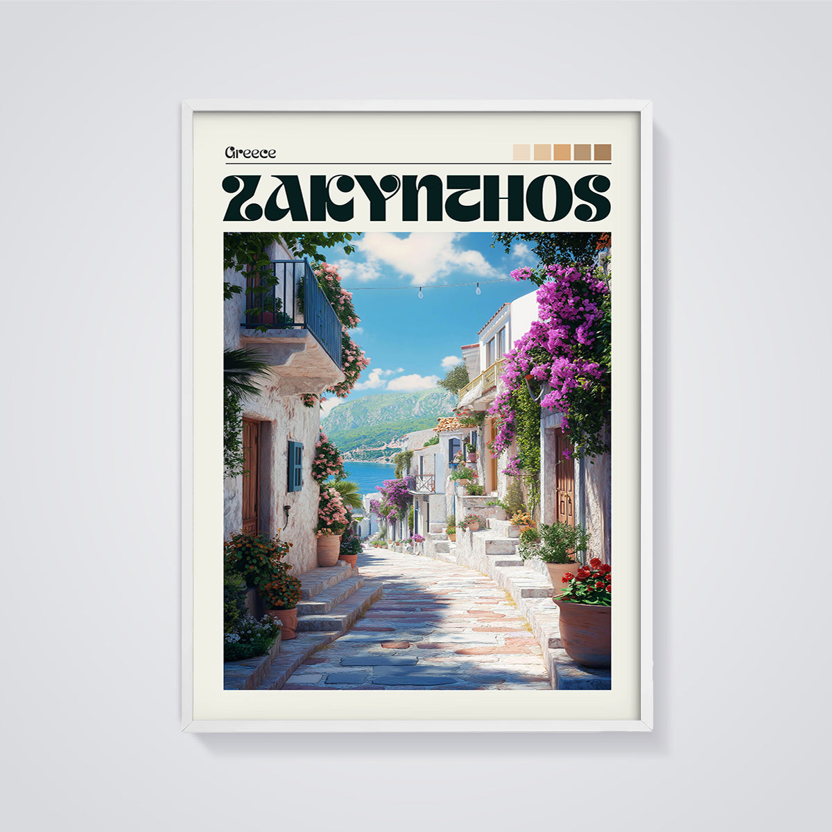 Greece Zakynthos Village Street Print framed in white on a grey background