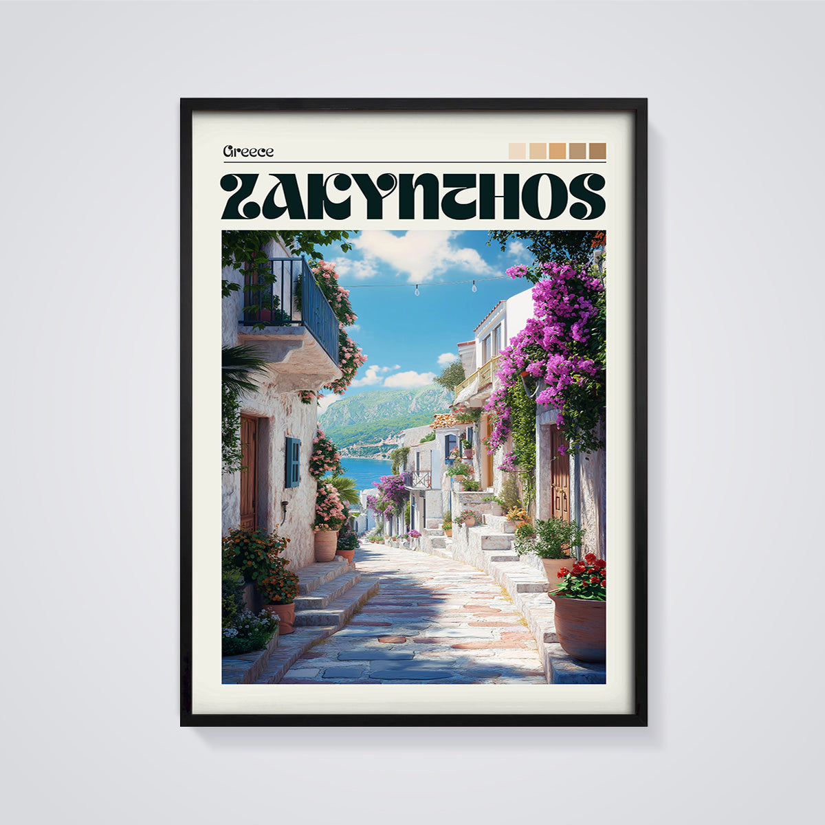 Greece Zakynthos Village Street Print framed in black on a grey background