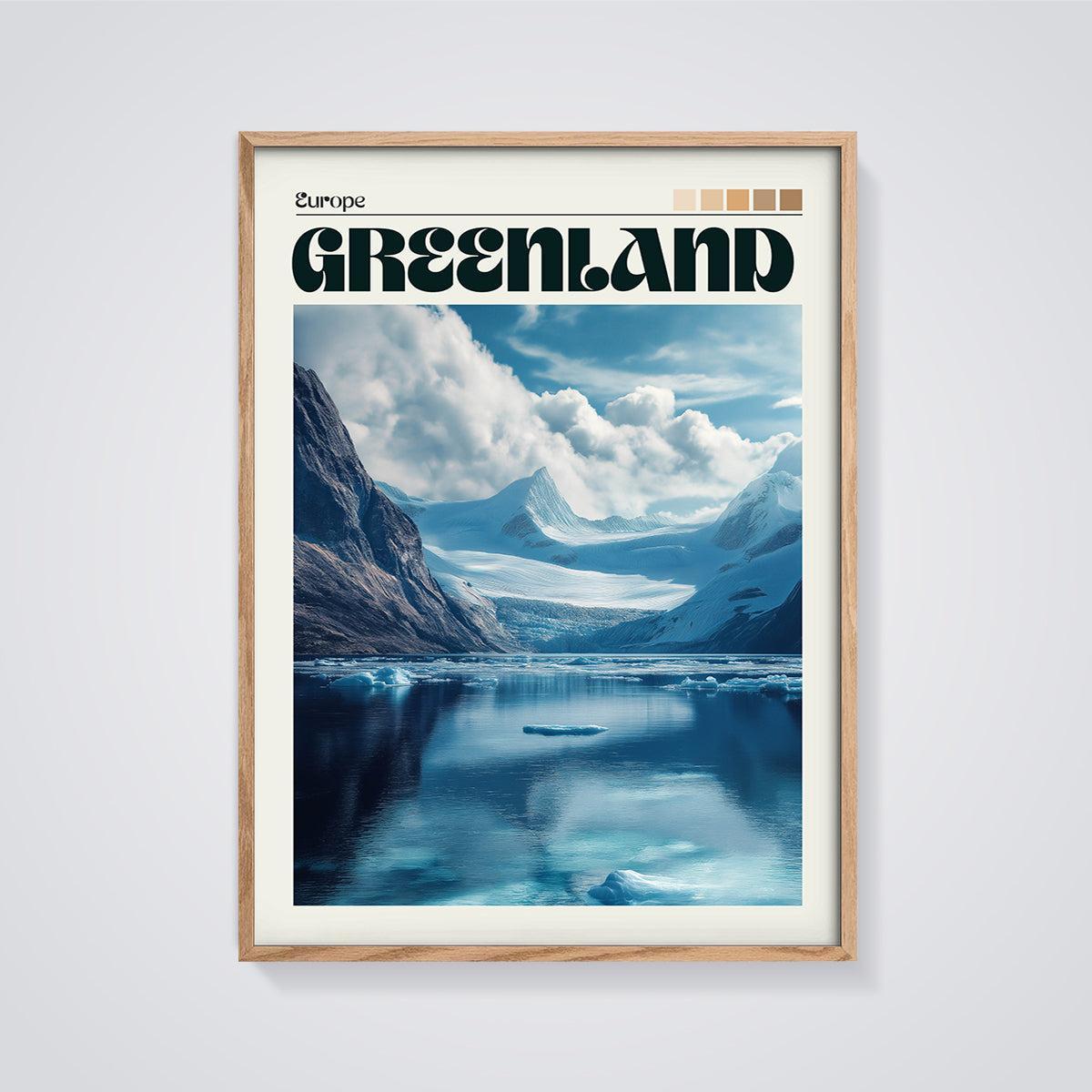Greenland Travel Print framed in oak on a grey background