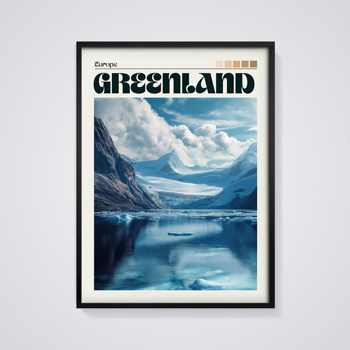 Greenland Travel Print framed in black on a grey background
