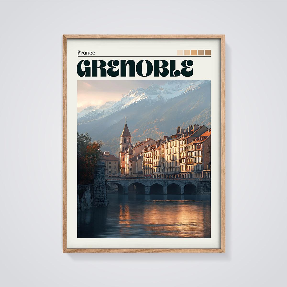 Grenoble France City Print framed in oak on a grey background
