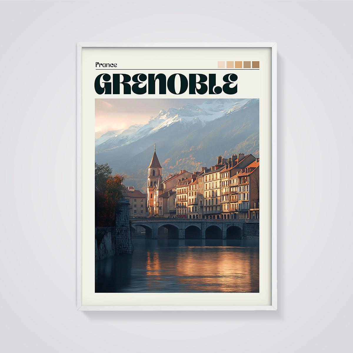 Grenoble France City Print framed in white on a grey background