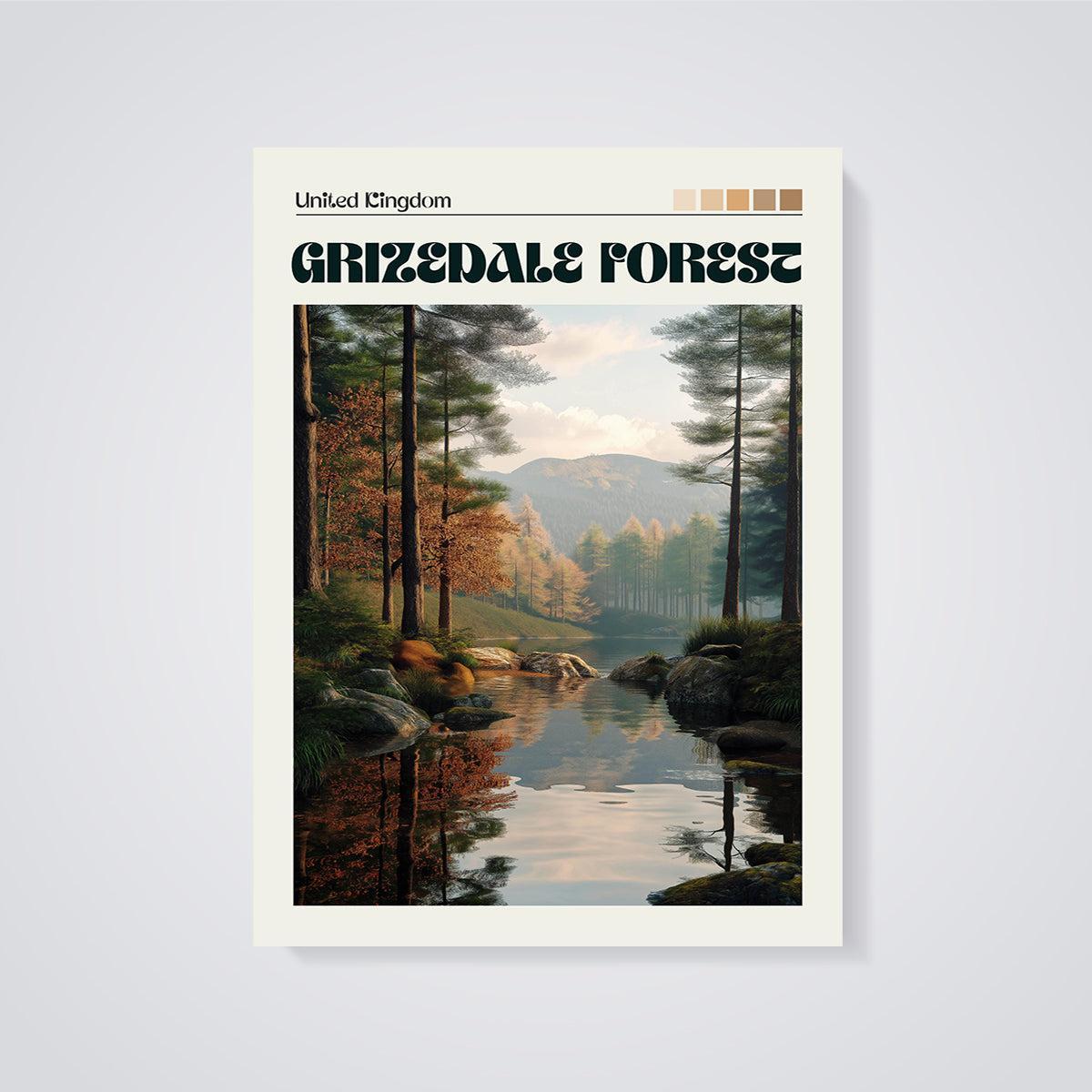 Grizedale Forest Lake View Print unframed on a grey background