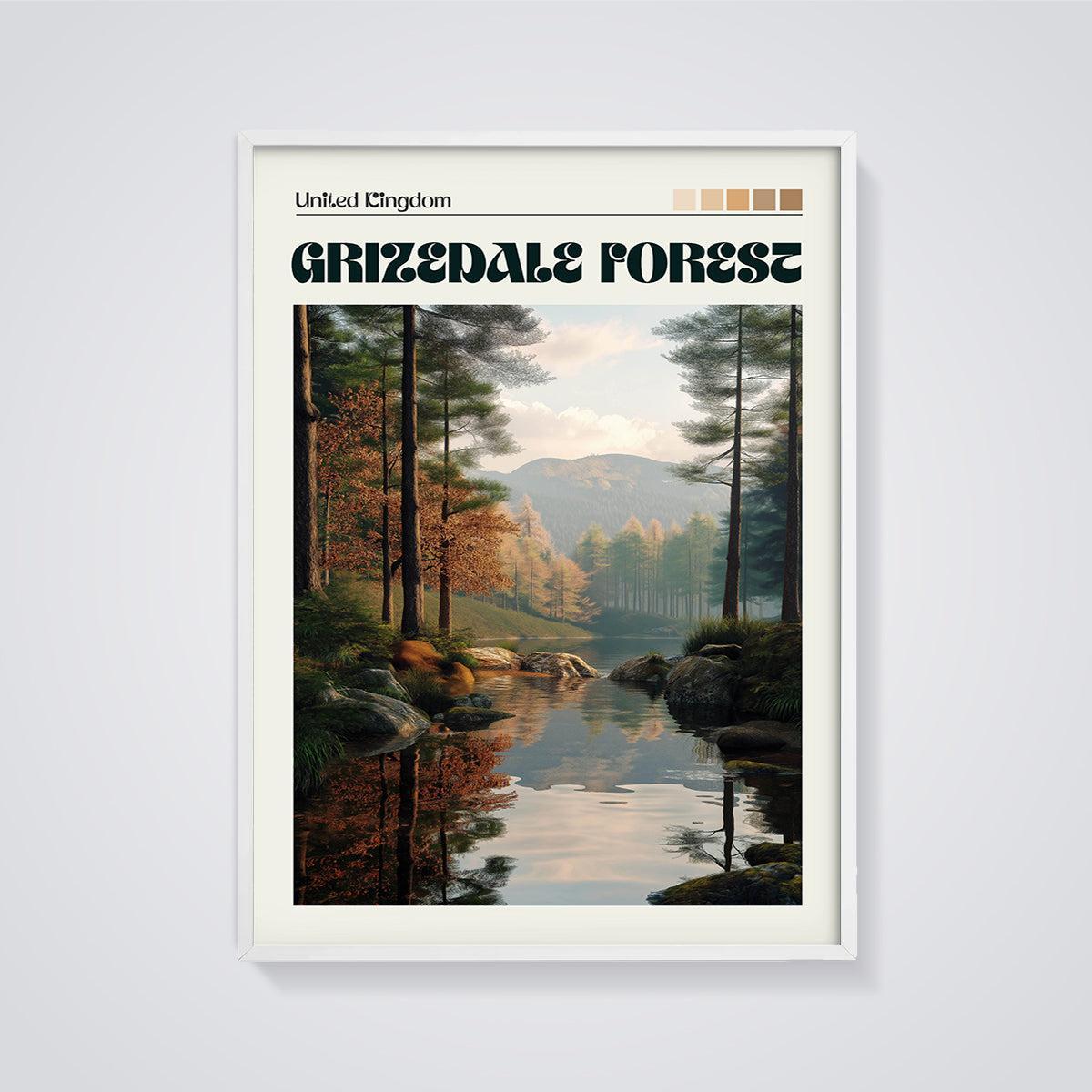 Grizedale Forest Lake View Print framed in white on a grey background