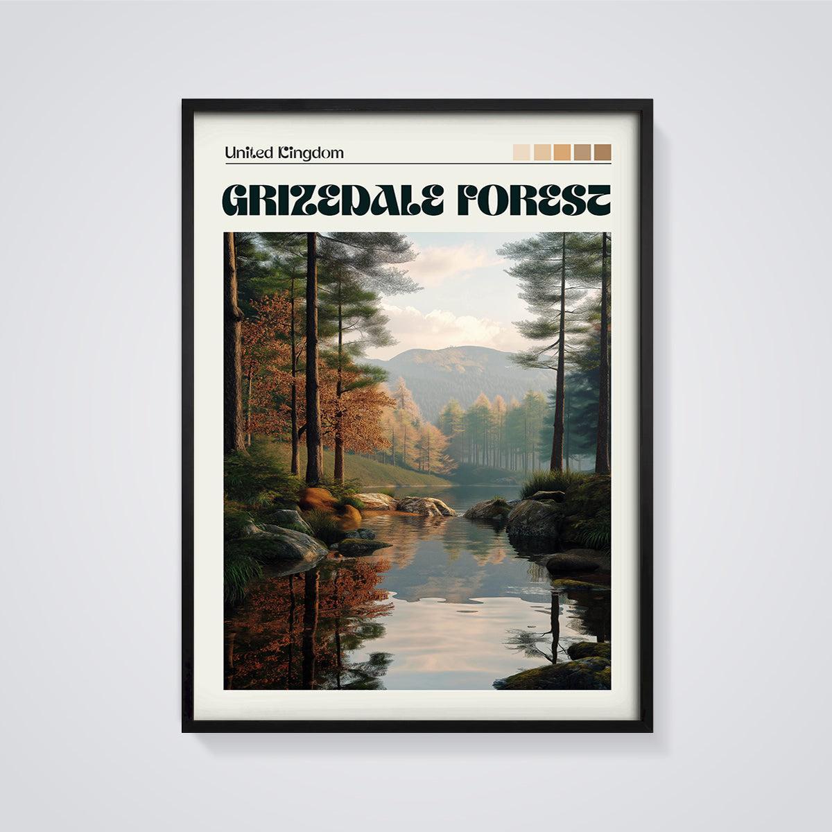 Grizedale Forest Lake View Print framed in black on a grey background