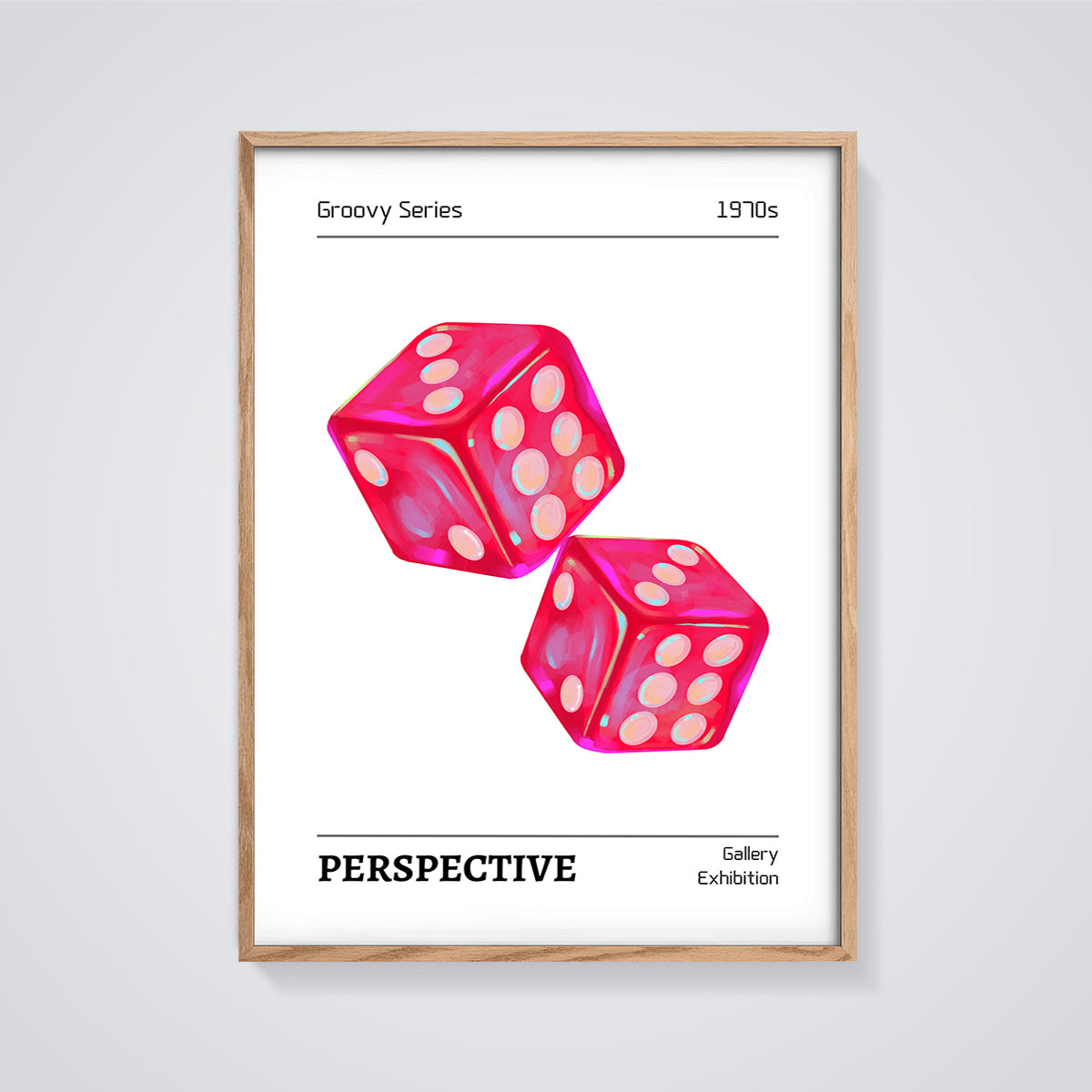 Groovy 1970s Dice Print framed in oak on a grey background