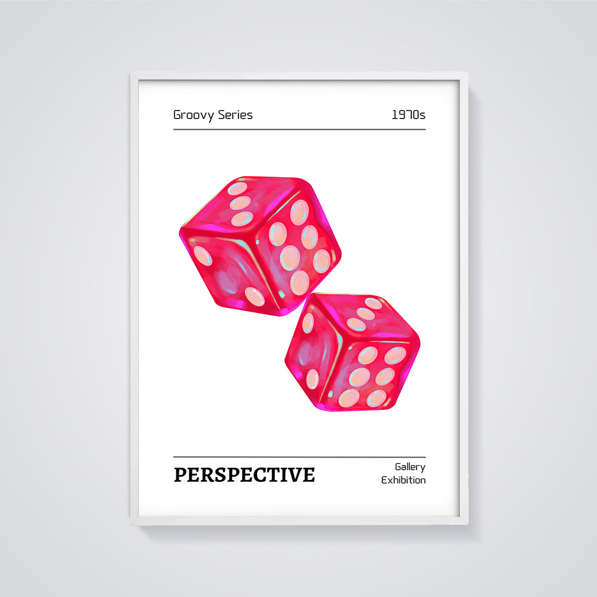 Groovy 1970s Dice Print framed in white on a grey background
