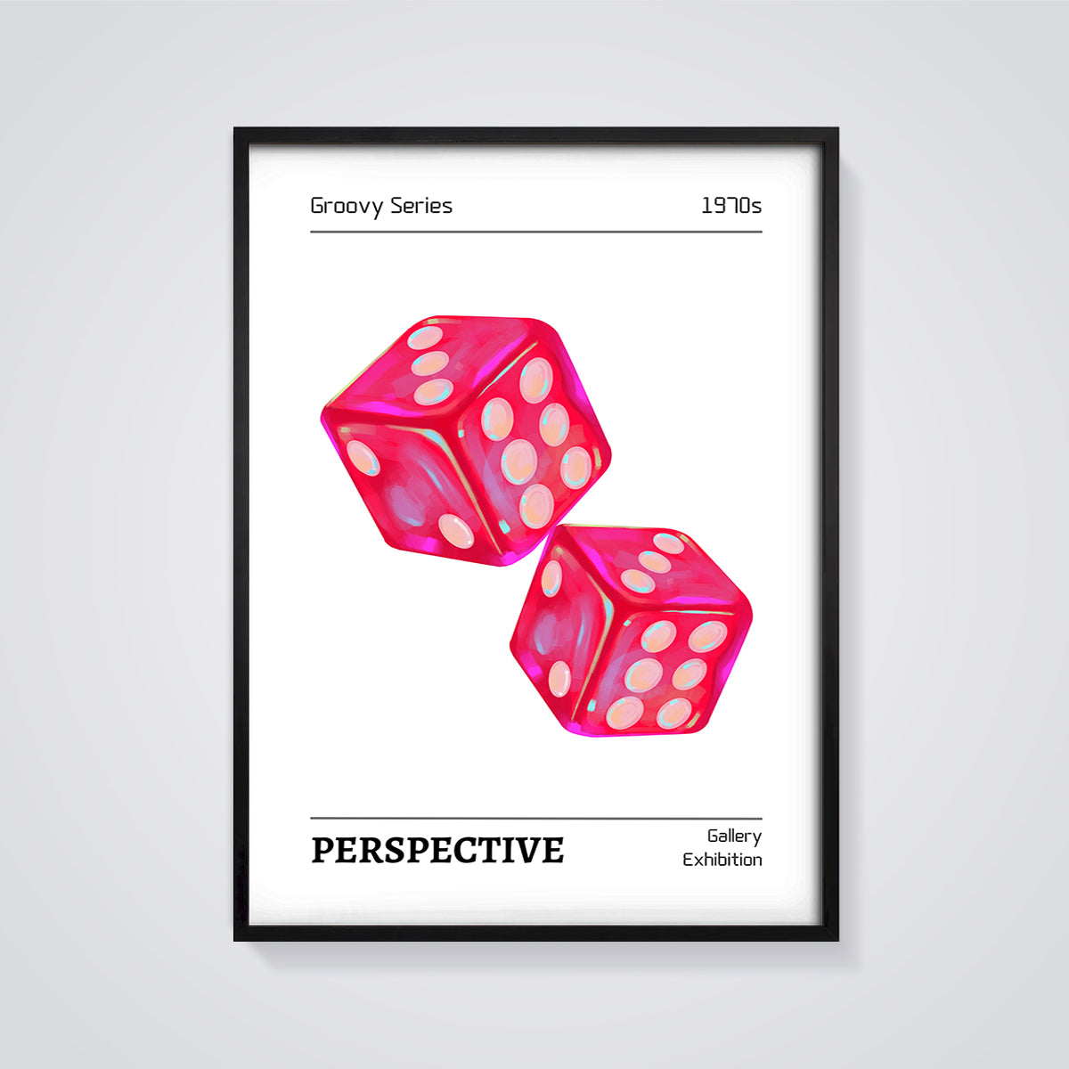 Groovy 1970s Dice Print framed in black on a grey background