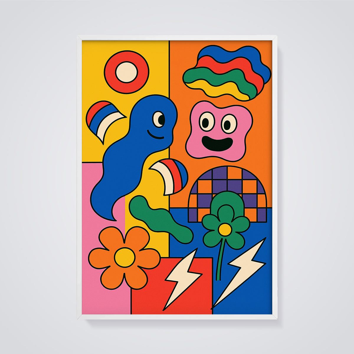 Groovy Abstract Characters Print framed in white on a grey background