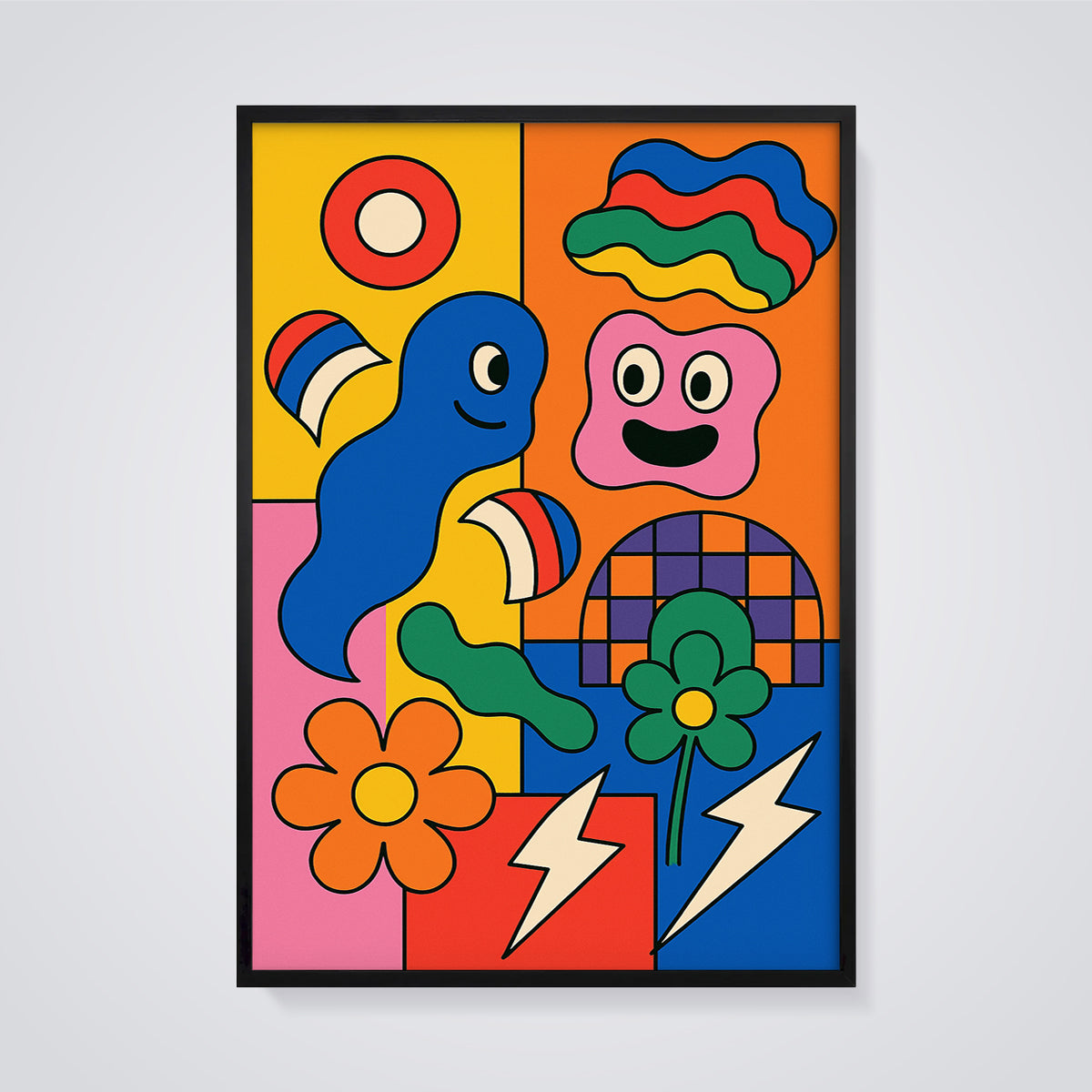 Groovy Abstract Characters Print framed in black on a grey background