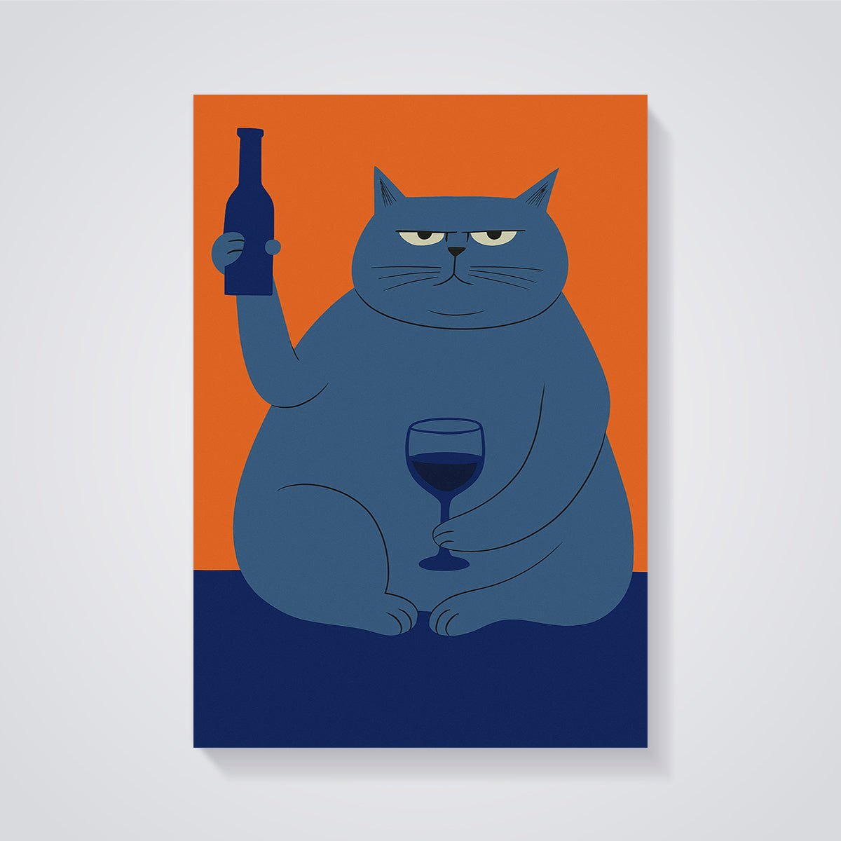Grumpy Blue Cat Wine Print unframed on a grey background