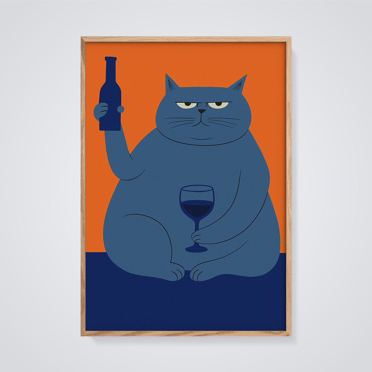 Grumpy Blue Cat Wine Print framed in oak on a grey background