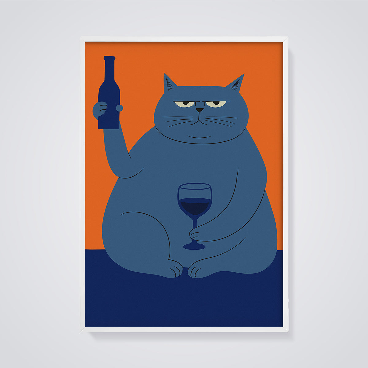 Grumpy Blue Cat Wine Print framed in white on a grey background