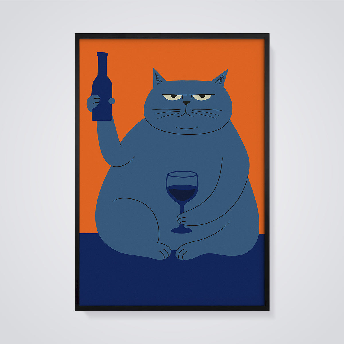 Grumpy Blue Cat Wine Print framed in black on a grey background