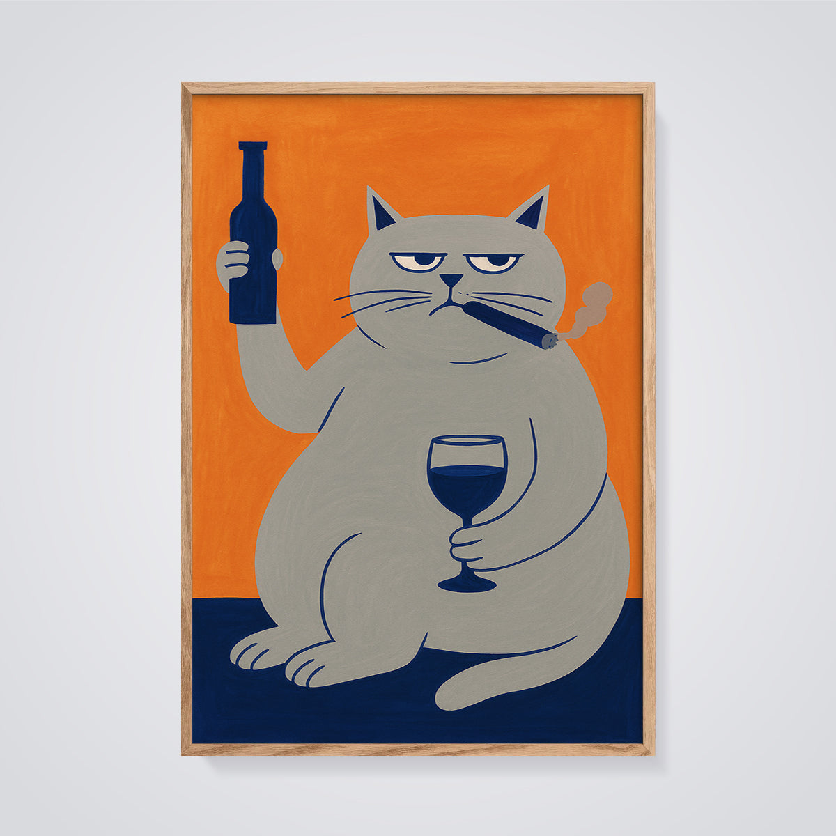 Grumpy Cat with Cigar and Wine Print framed in oak on a grey background