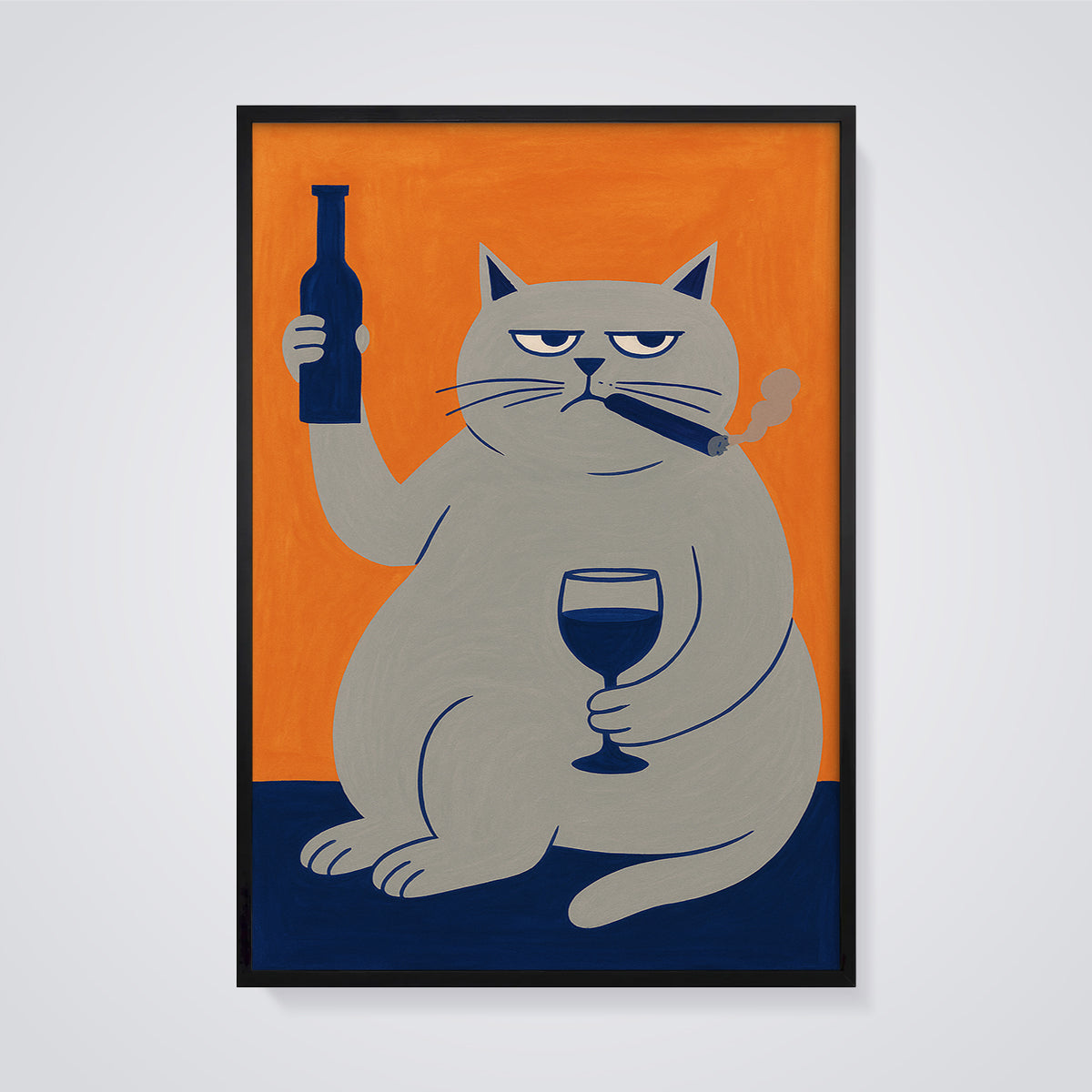 Grumpy Cat with Cigar and Wine Print framed in black on a grey background