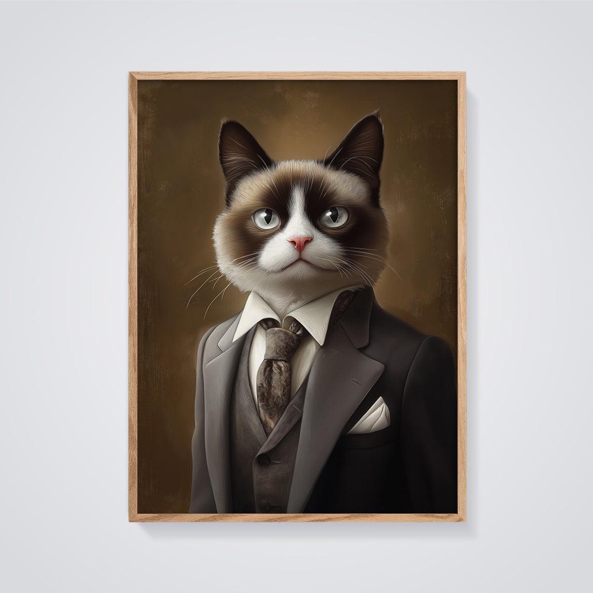 Grumpy Dapper Cat Print framed in oak on a grey background