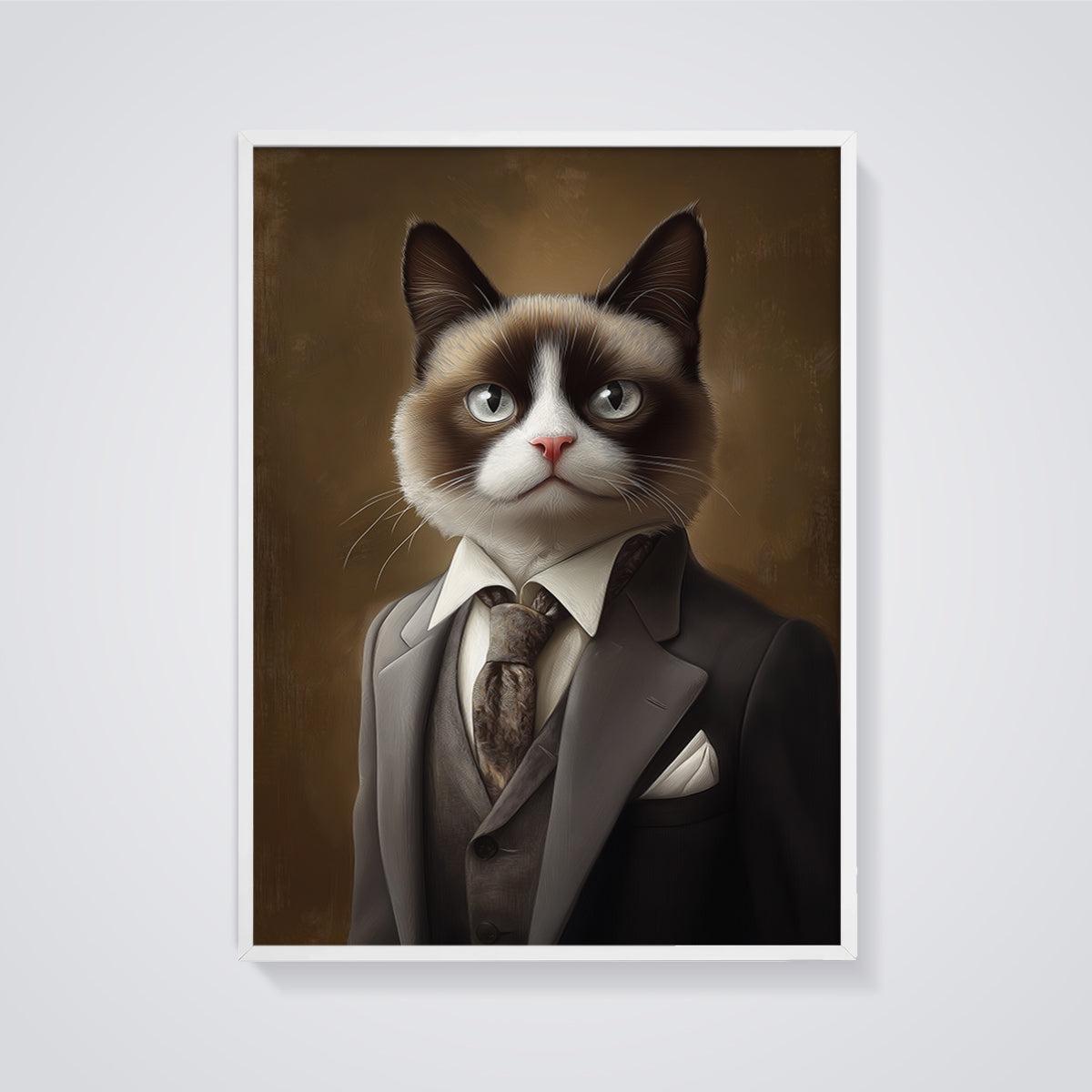 Grumpy Dapper Cat Print framed in white on a grey background