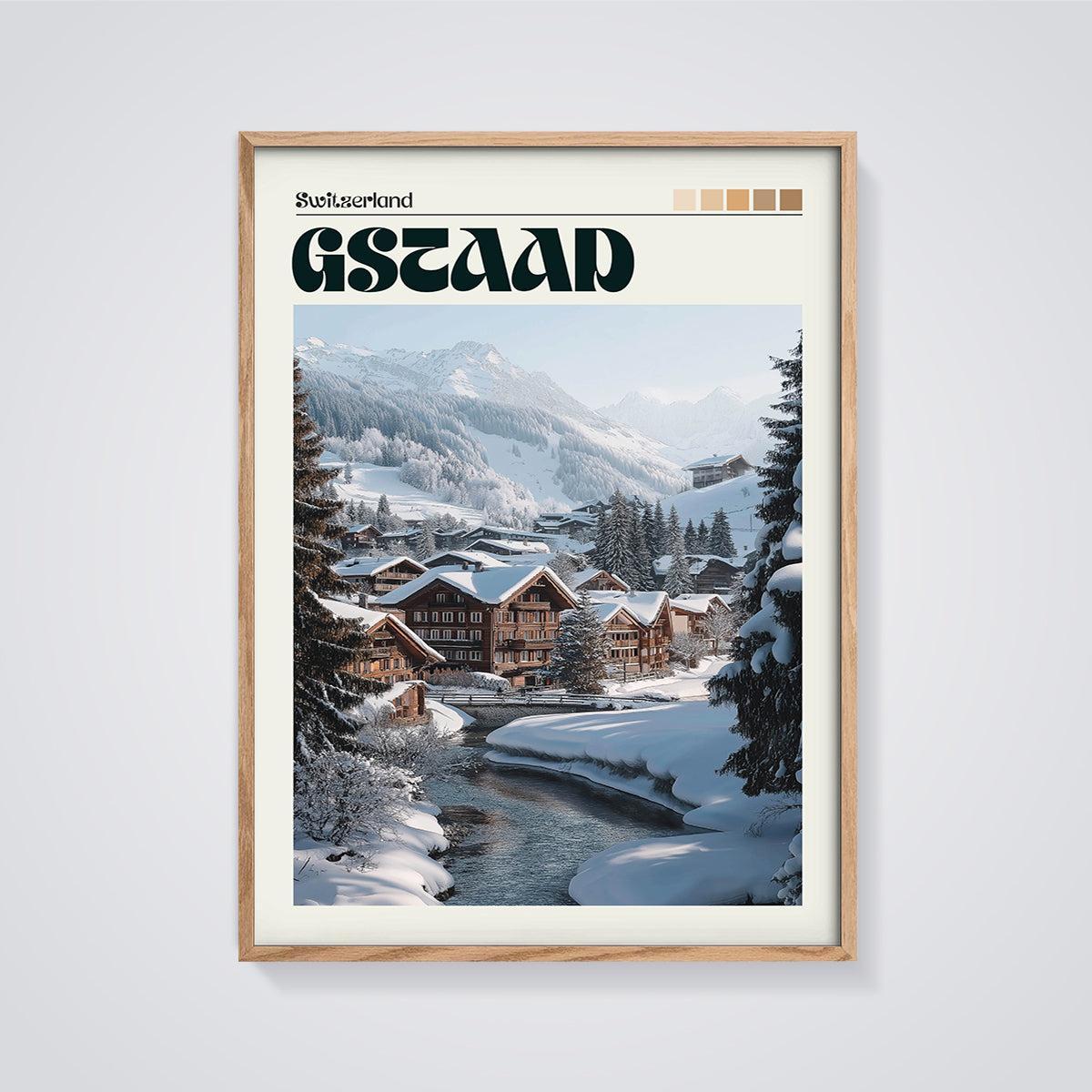 Gstaad Switzerland Print framed in oak on a grey background