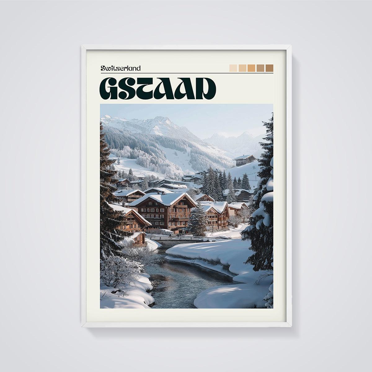Gstaad Switzerland Print framed in white on a grey background