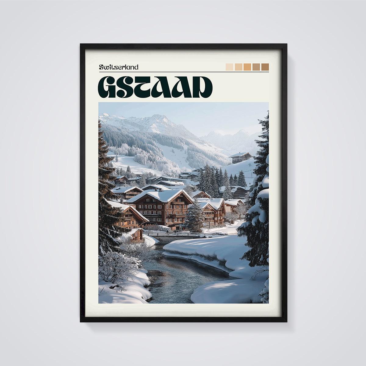 Gstaad Switzerland Print framed in black on a grey background