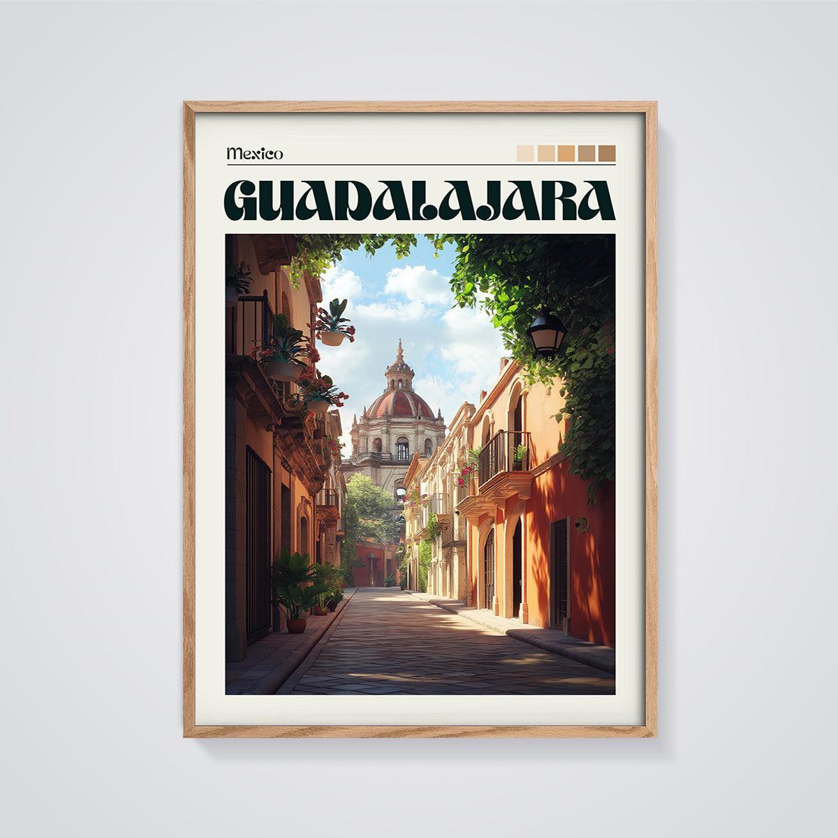 Guadalajara Street View Print framed in oak on a grey background