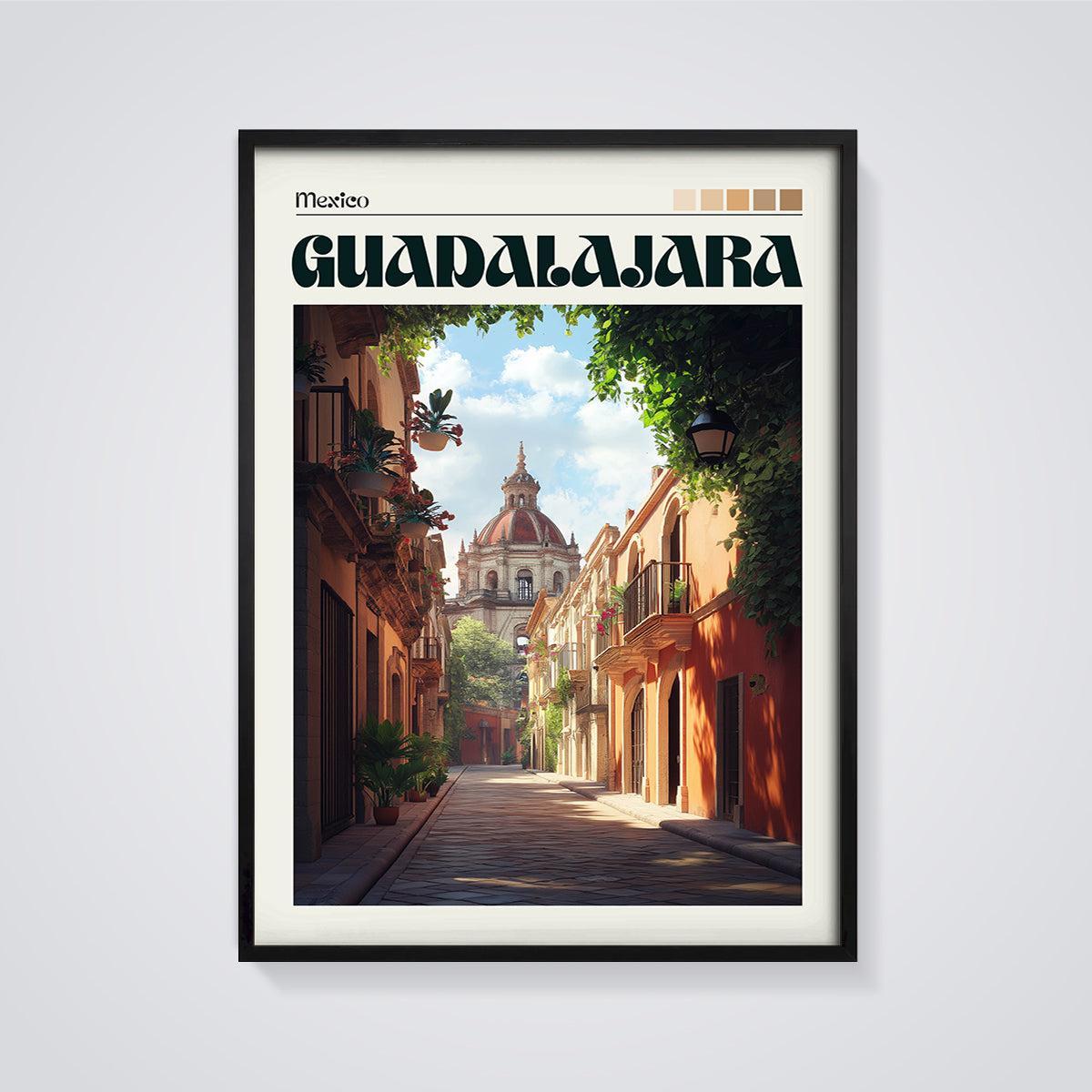 Guadalajara Street View Print framed in black on a grey background