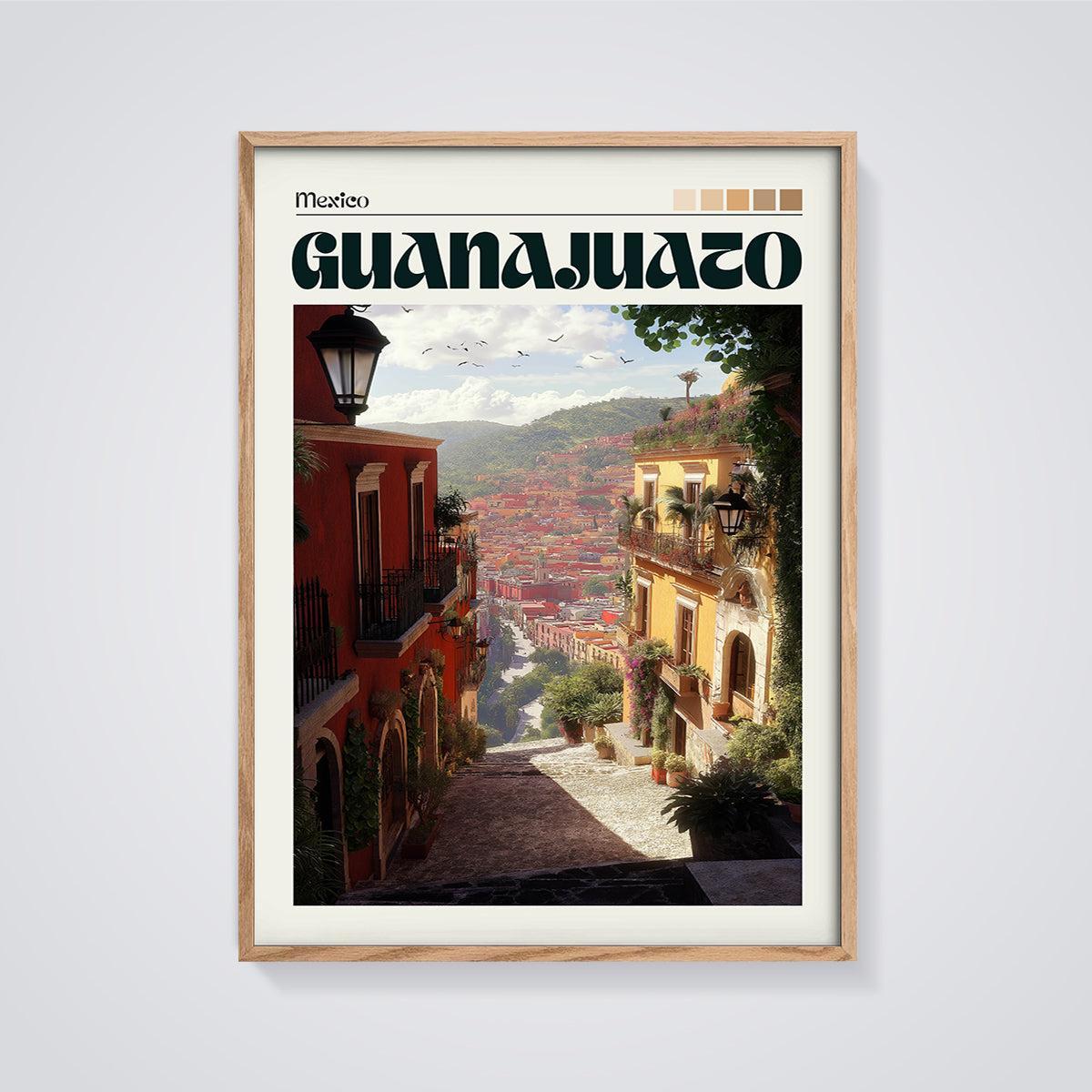 Guanajuato City View Print framed in oak on a grey background