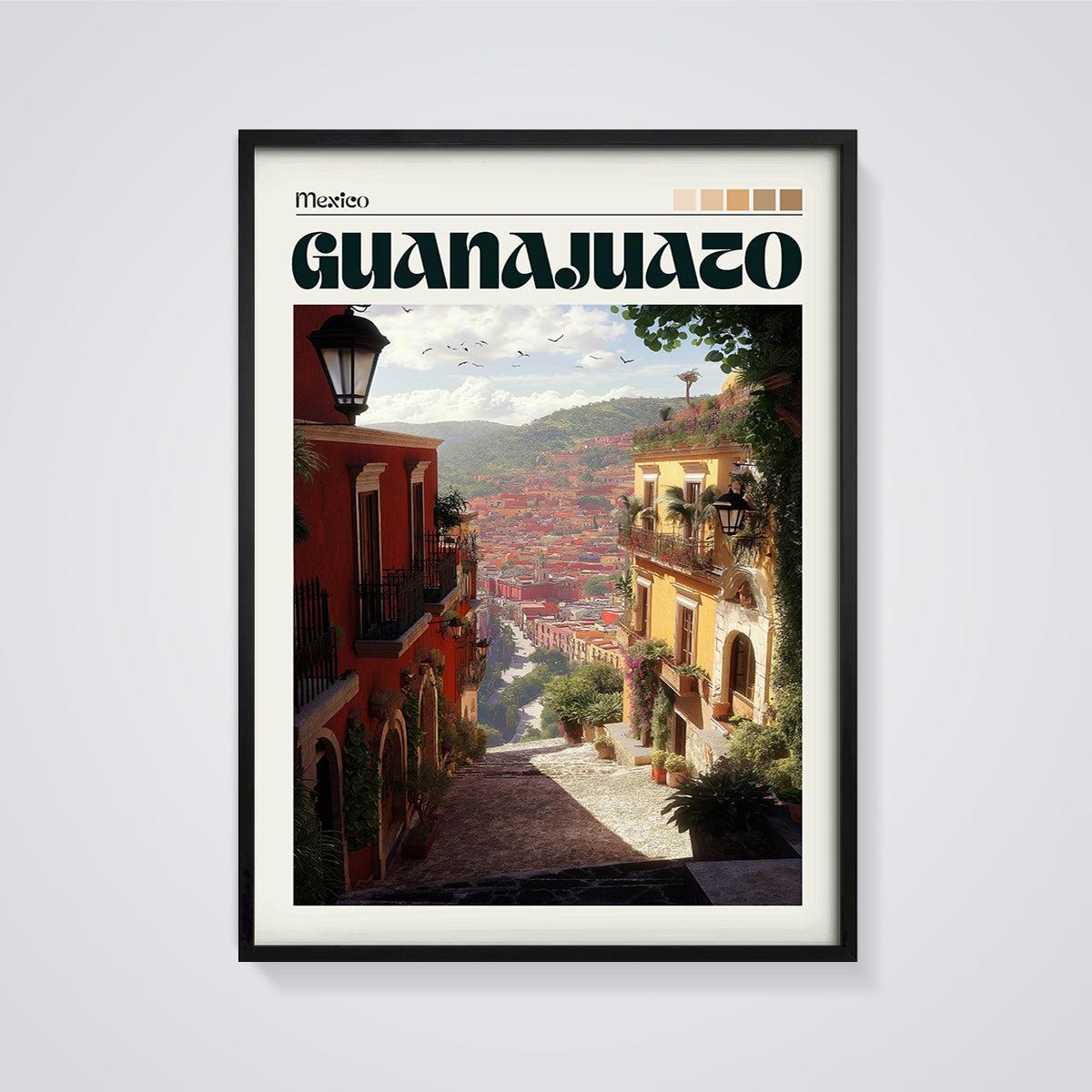Guanajuato City View Print framed in black on a grey background
