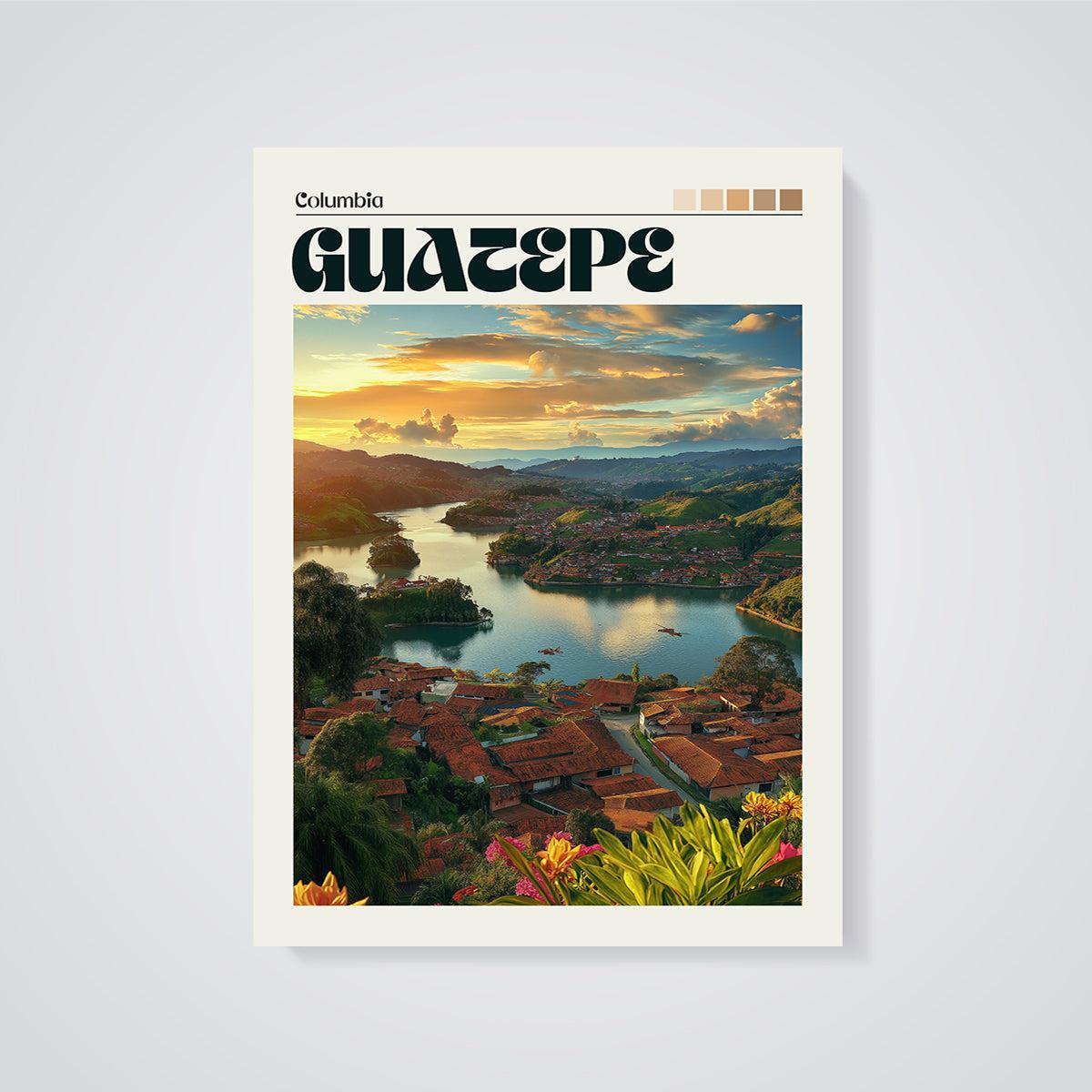 Guatapé Colombia Sunset Lake Print unframed on a grey background