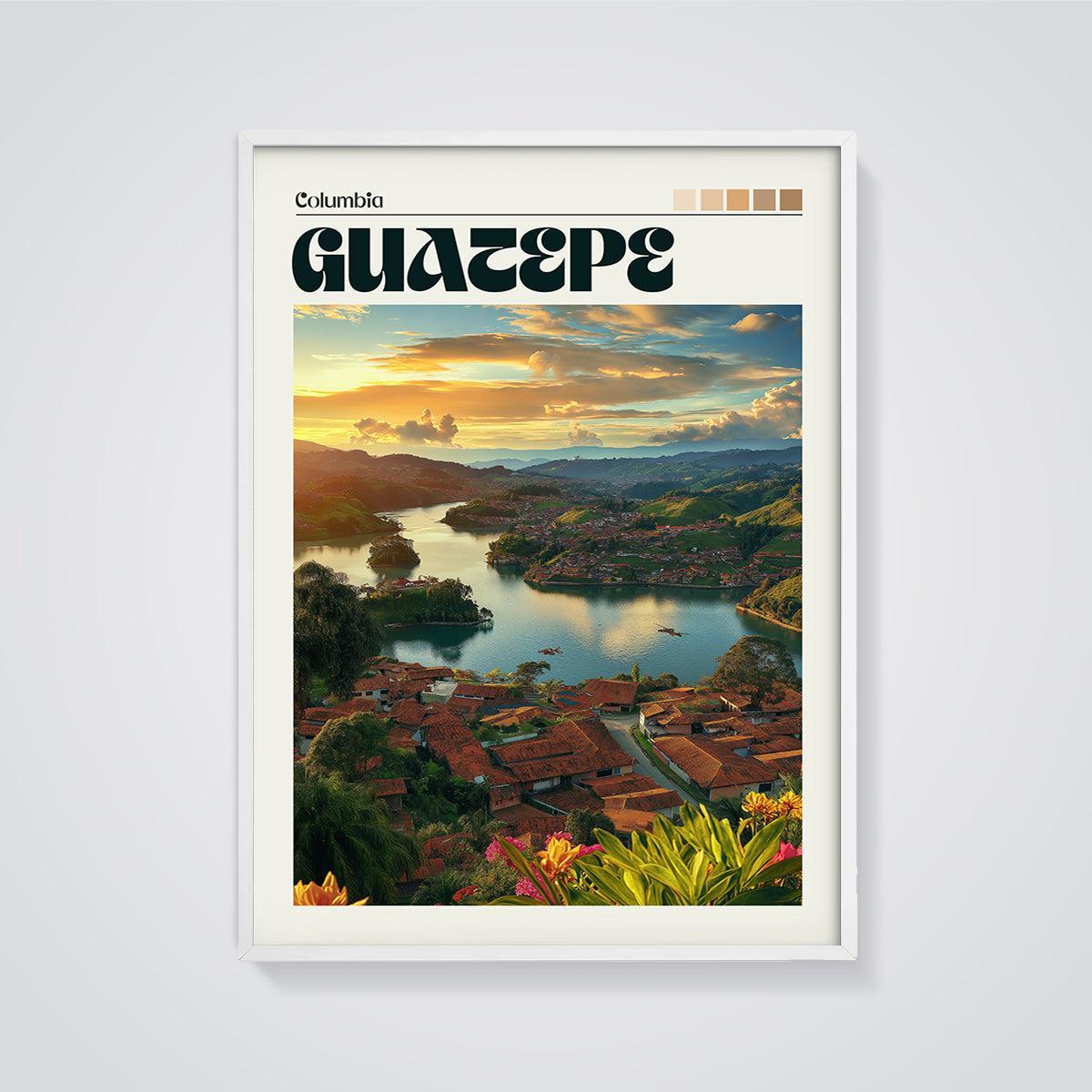 Guatapé Colombia Sunset Lake Print framed in white on a grey background