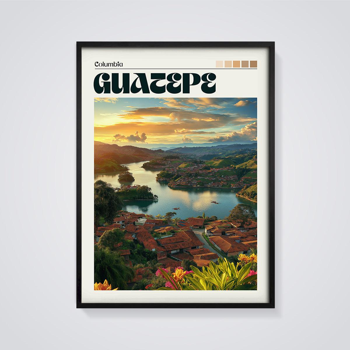 Guatapé Colombia Sunset Lake Print framed in black on a grey background
