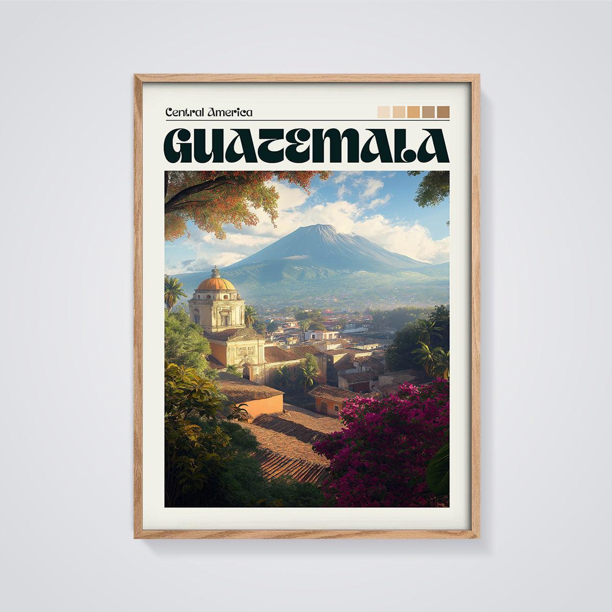 Guatemala Colonial City Volcano Print framed in oak on a grey background