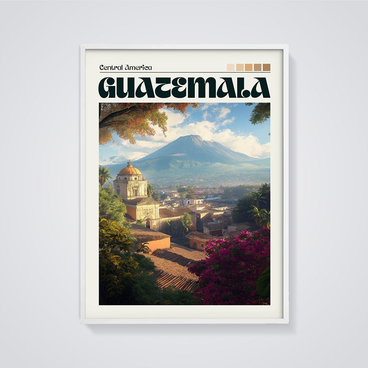 Guatemala Colonial City Volcano Print framed in white on a grey background