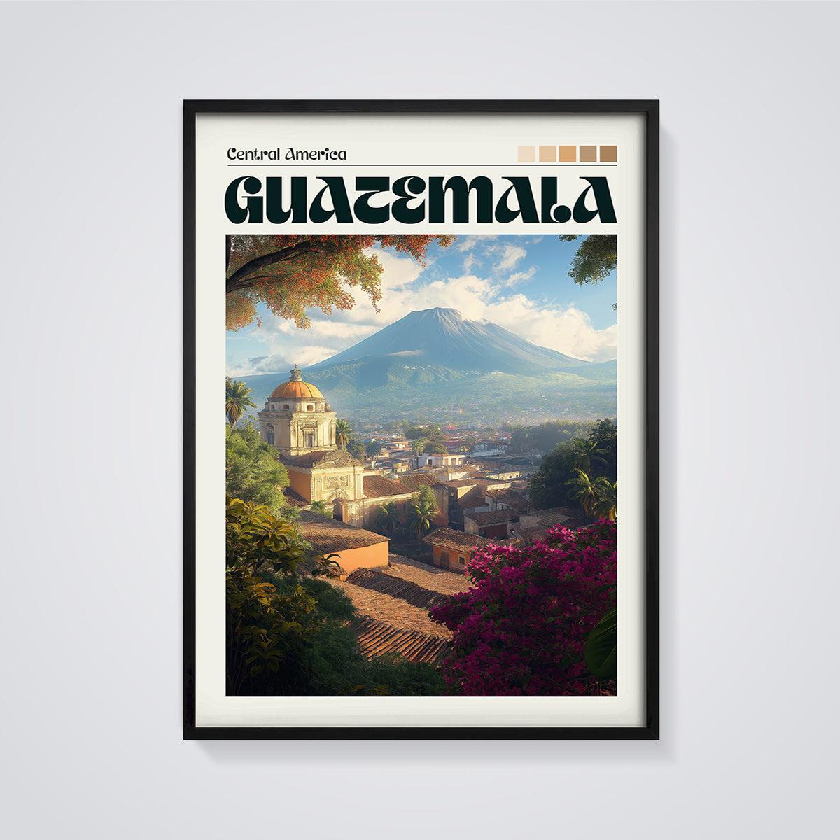 Guatemala Colonial City Volcano Print framed in black on a grey background