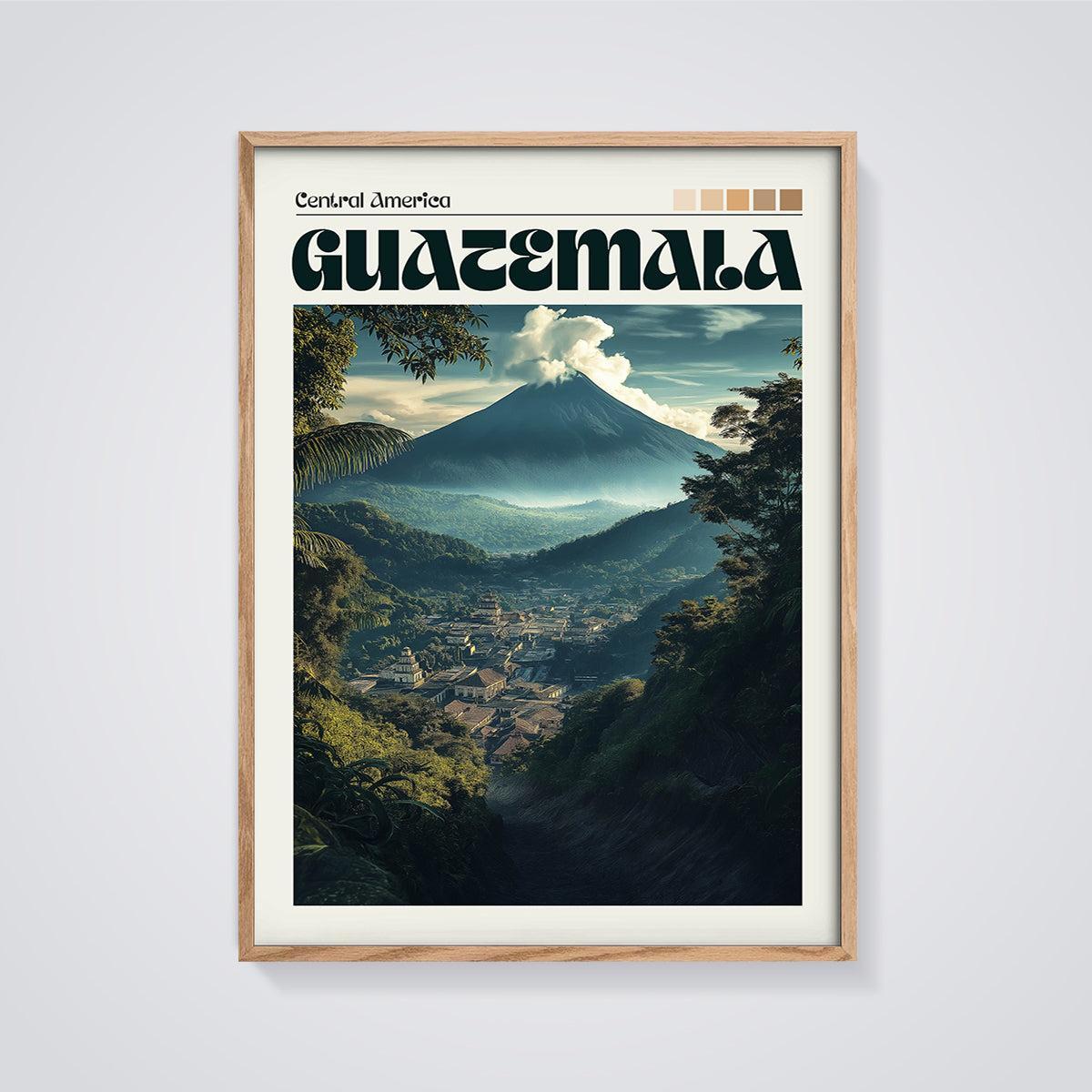 Guatemala Volcano Valley Print framed in oak on a grey background