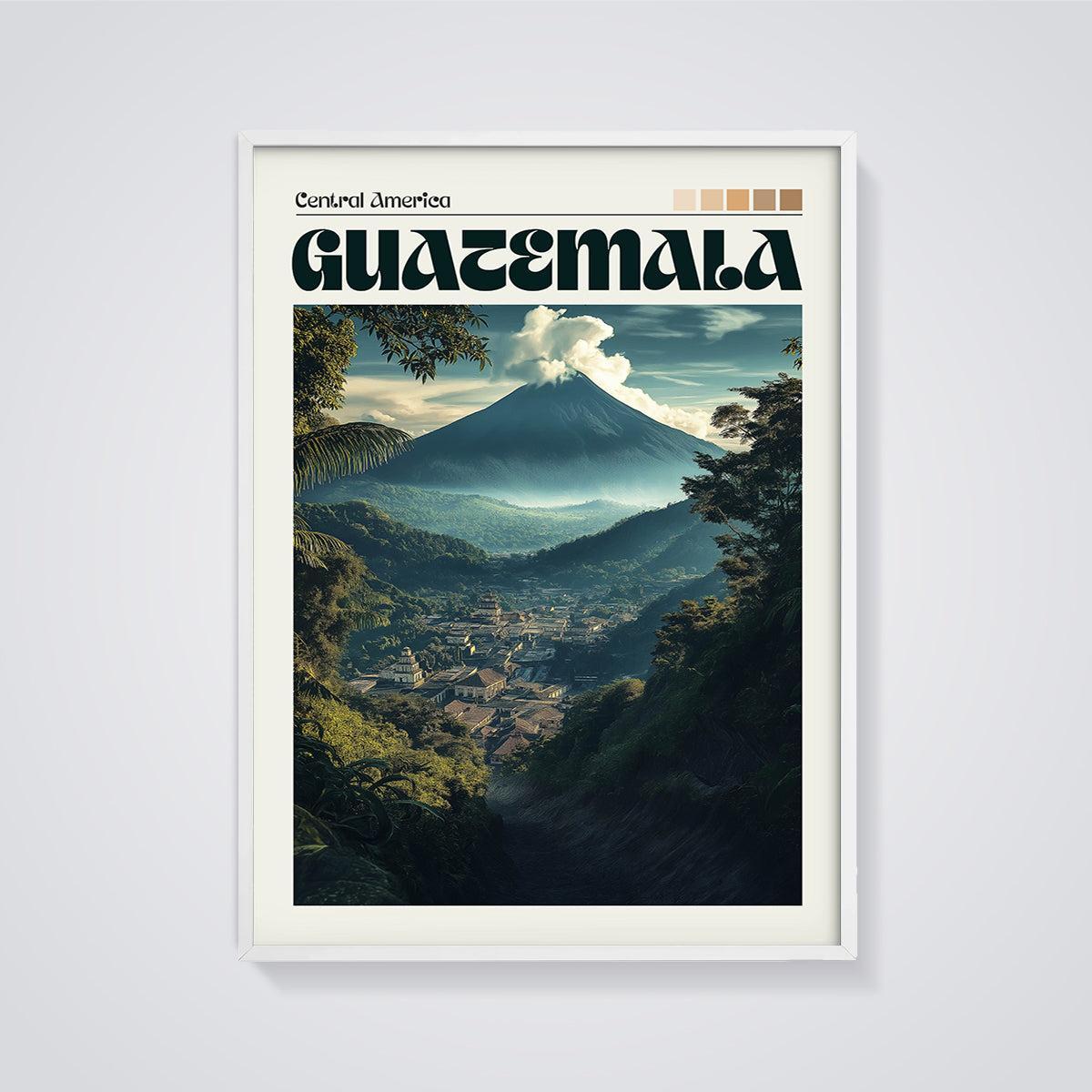 Guatemala Volcano Valley Print framed in white on a grey background