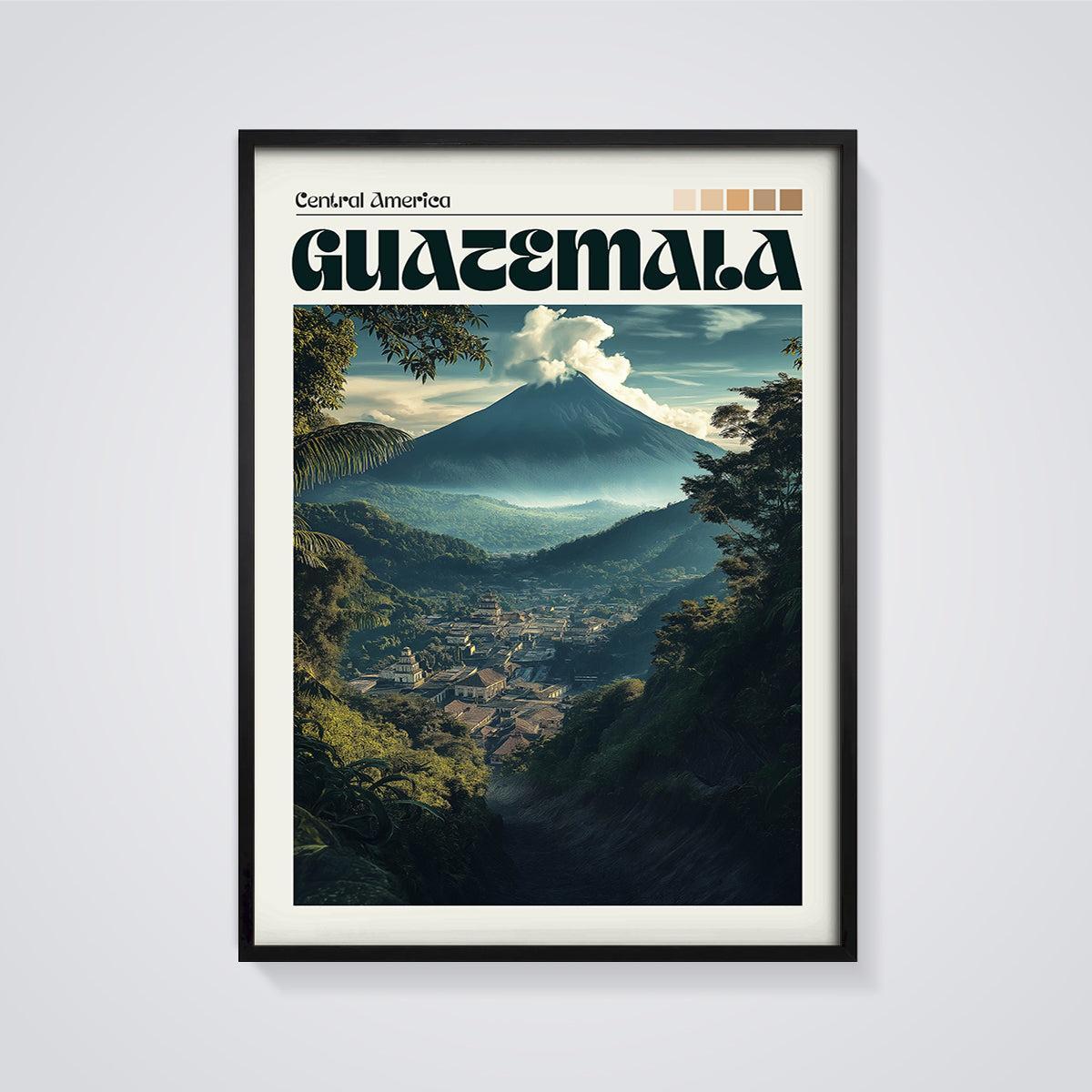 Guatemala Volcano Valley Print framed in black on a grey background