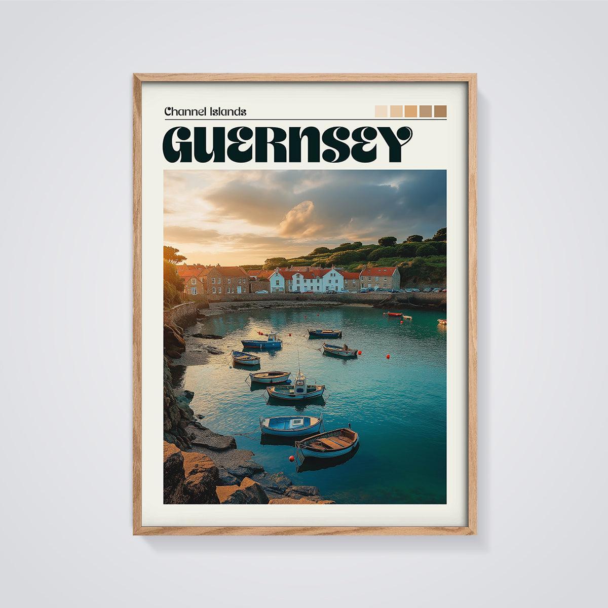 Guernsey Channel Islands Print framed in oak on a grey background