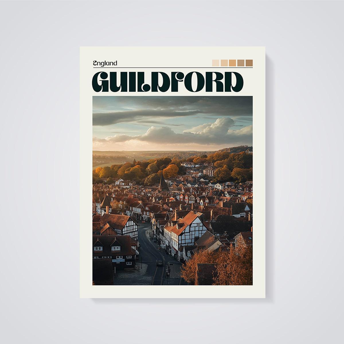 Guildford Autumn Sunset Print unframed on a grey background