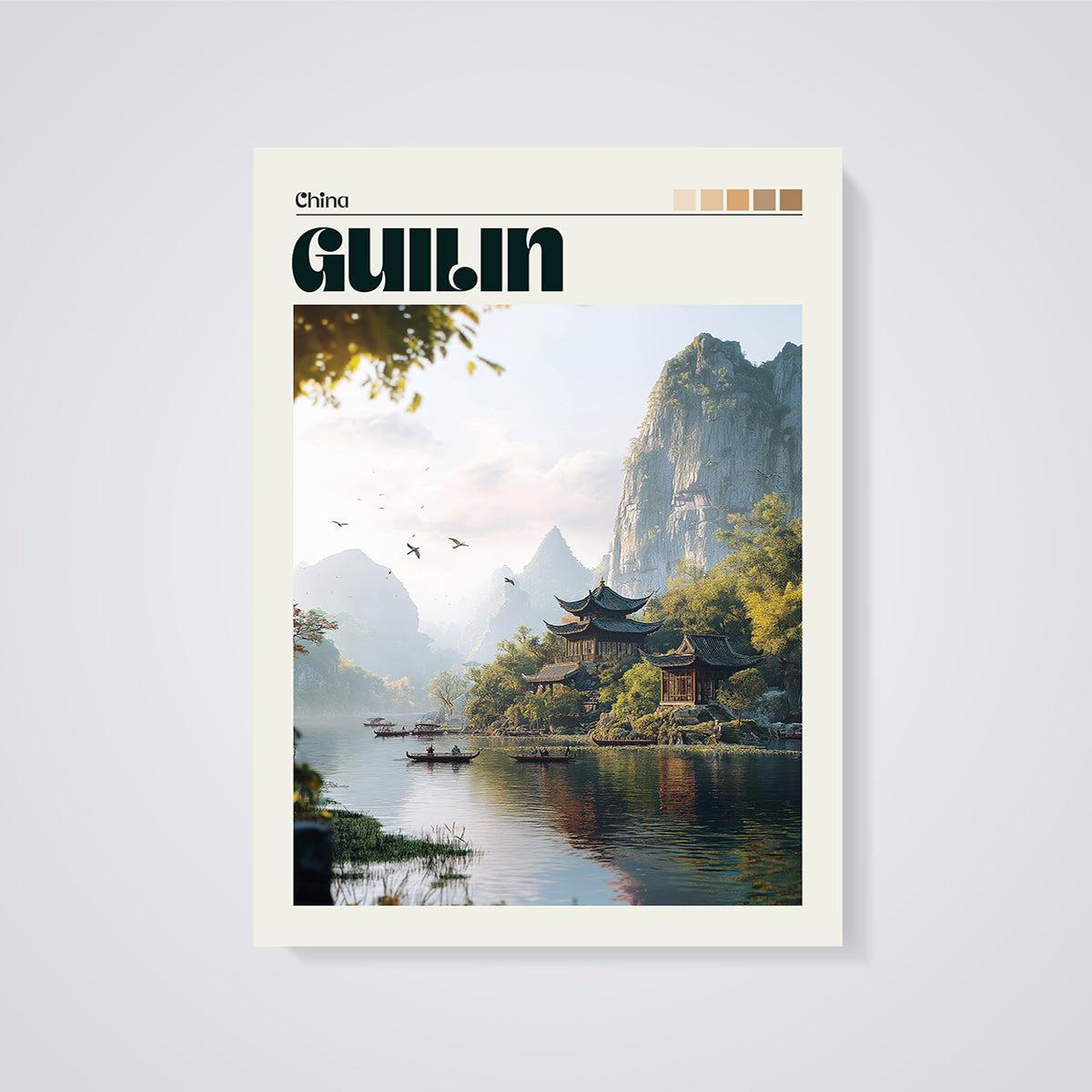 Guilin Temple River Print unframed on a grey background