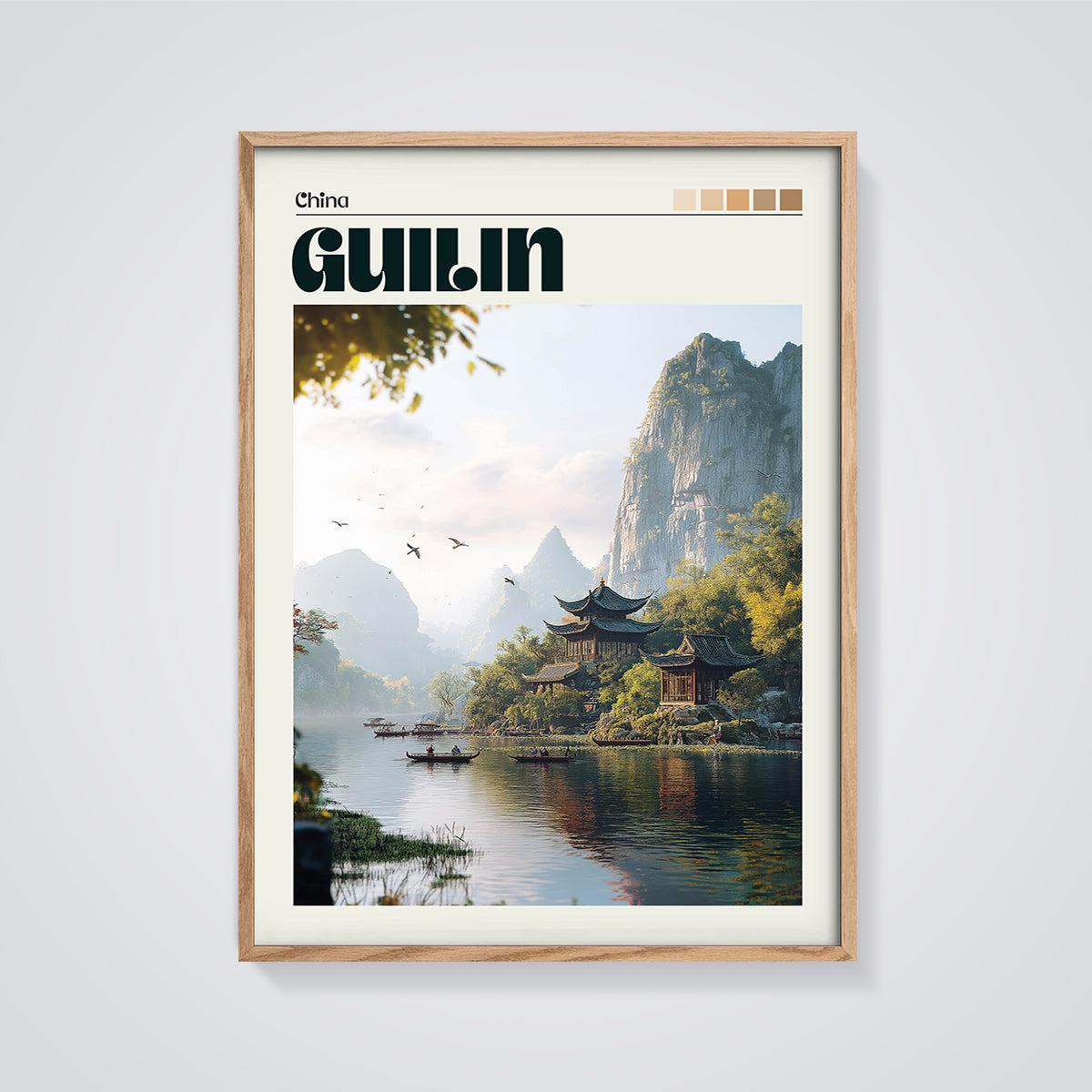 Guilin Temple River Print framed in oak on a grey background