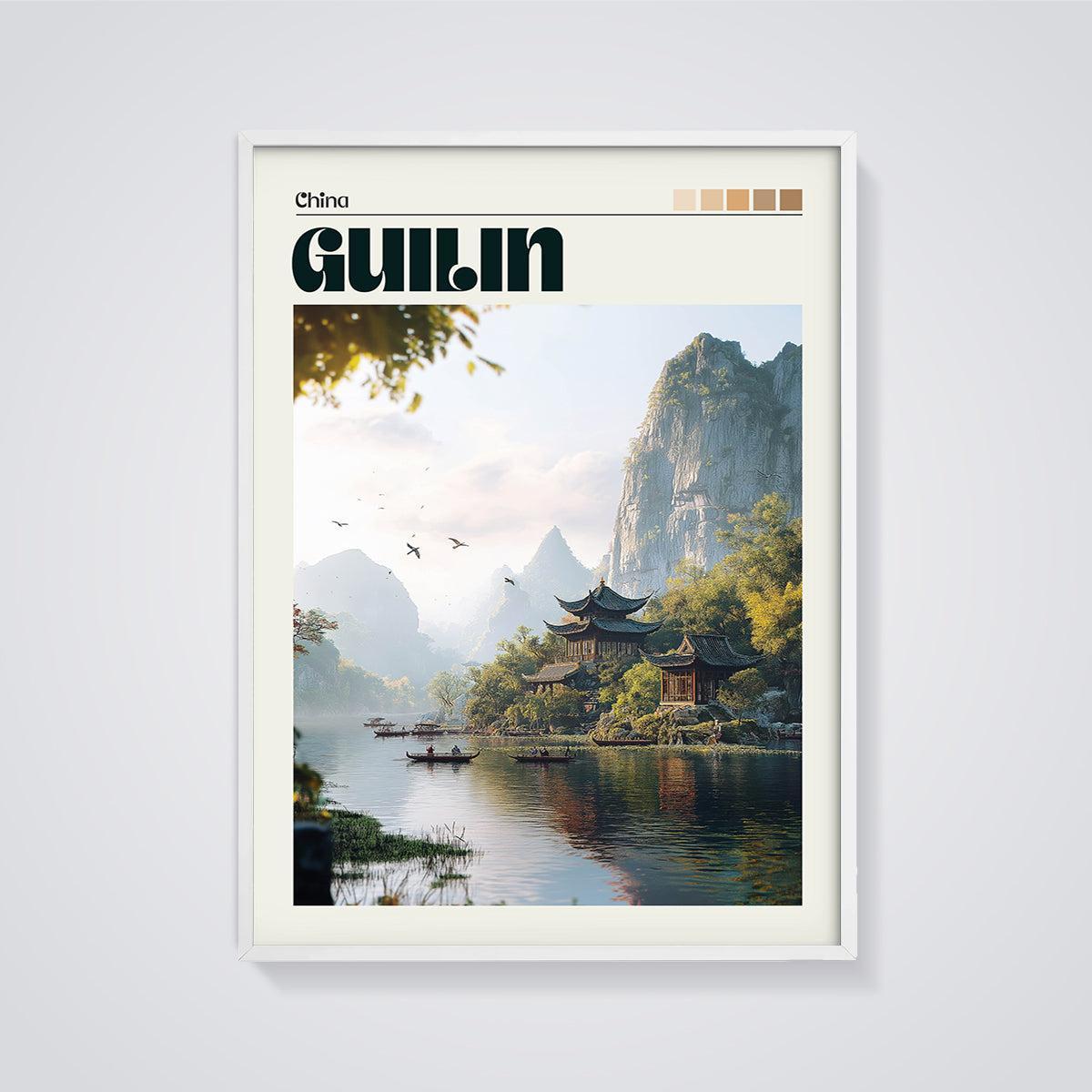 Guilin Temple River Print framed in white on a grey background