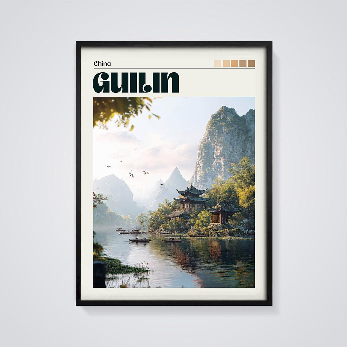 Guilin Temple River Print framed in black on a grey background