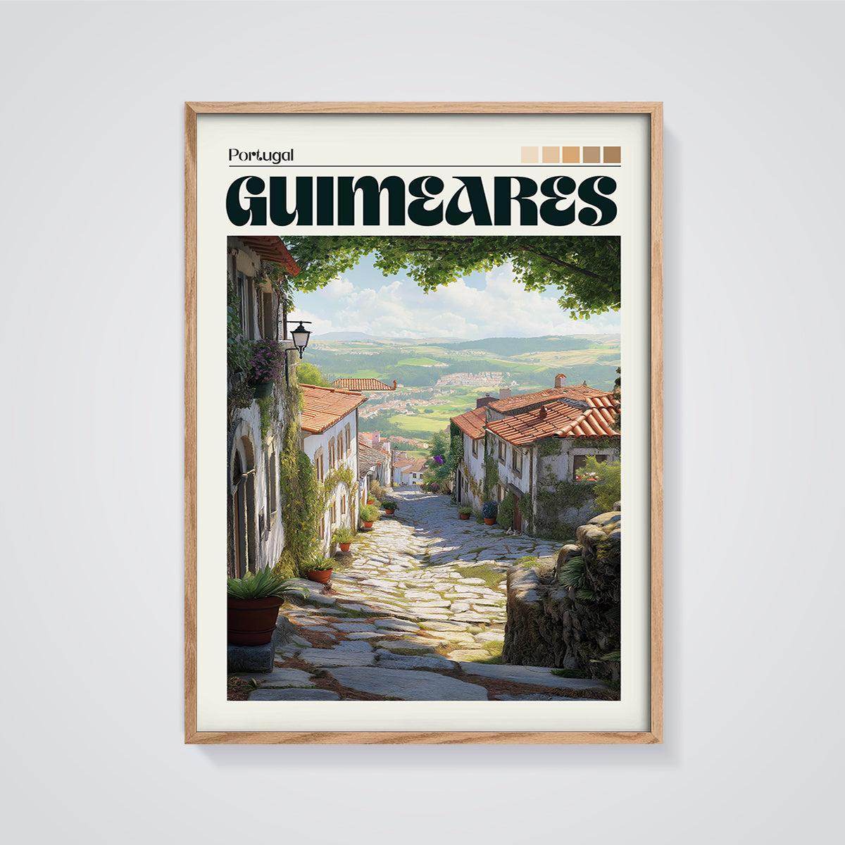 Guimarães Portugal Street Print framed in oak on a grey background