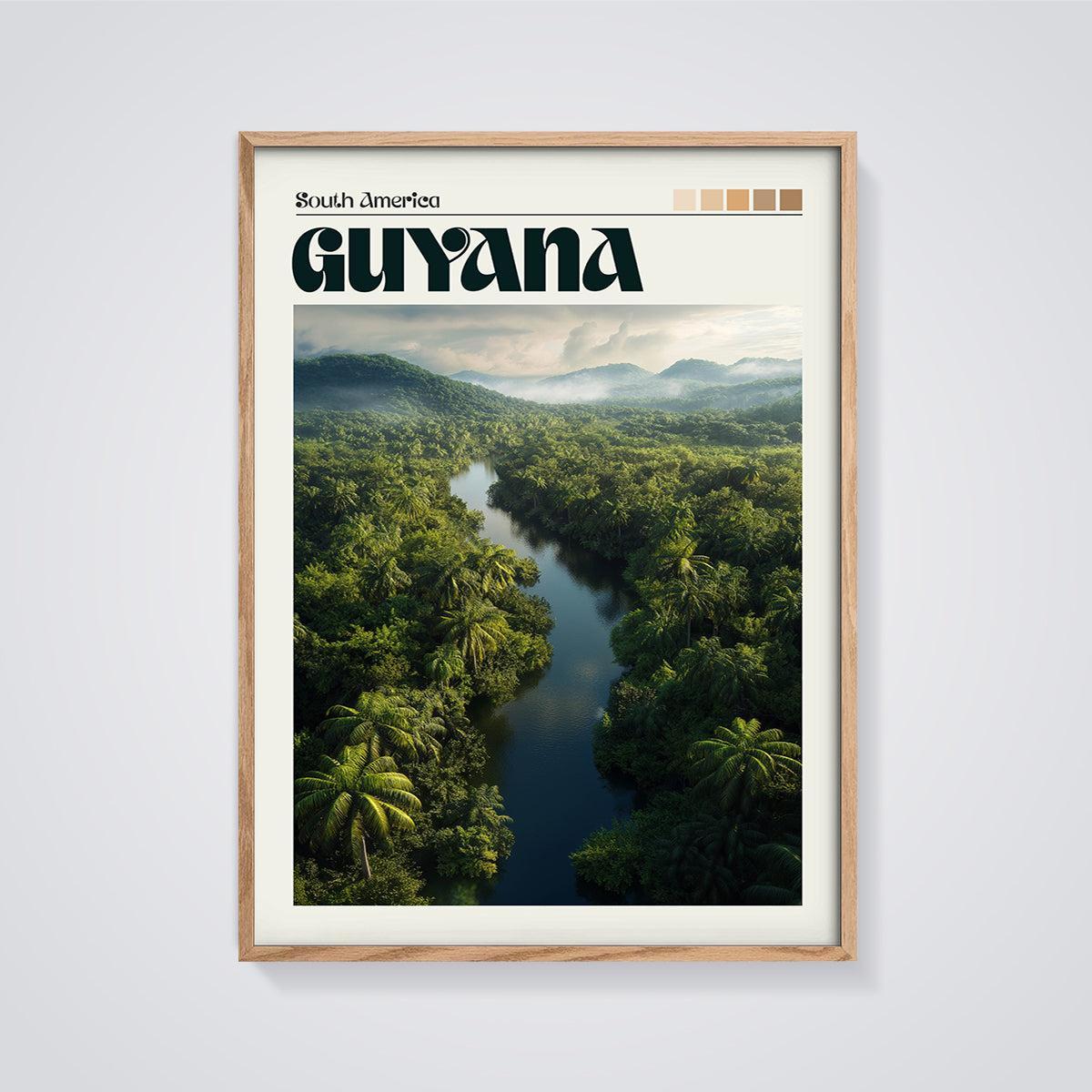 Guyana Rainforest River Print framed in oak on a grey background