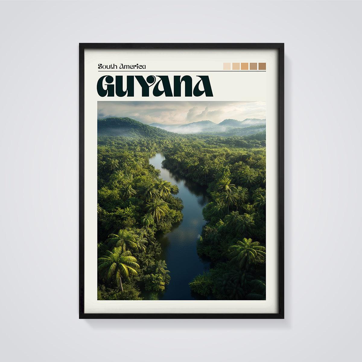 Guyana Rainforest River Print framed in black on a grey background