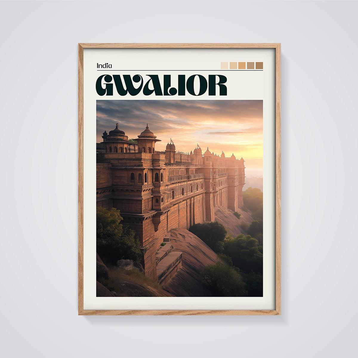 Gwalior Fort Sunset Print framed in oak on a grey background